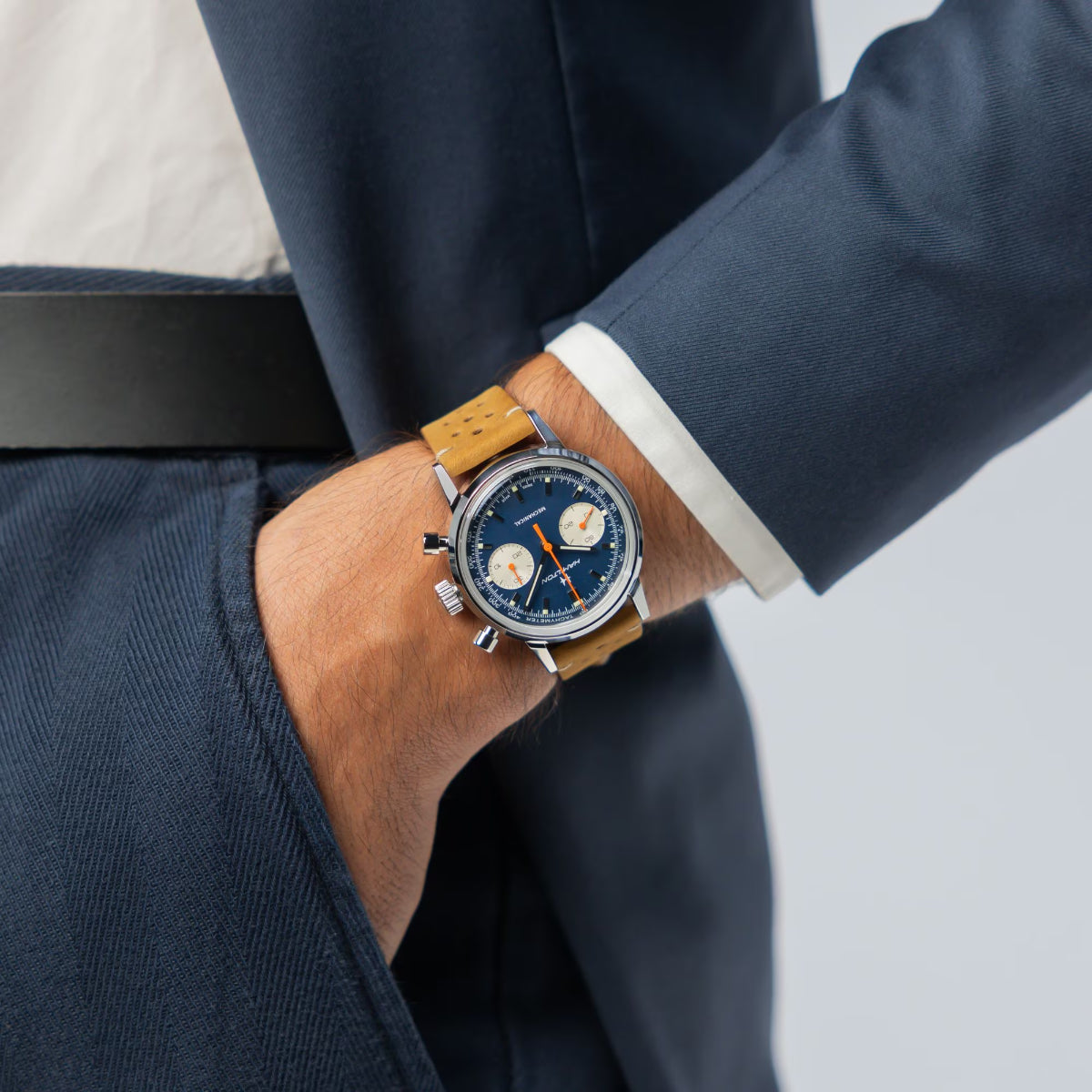 Hamilton American Classic 40mm Chronograph Blue Dial Leather Mens Mechanical Watch H38429541