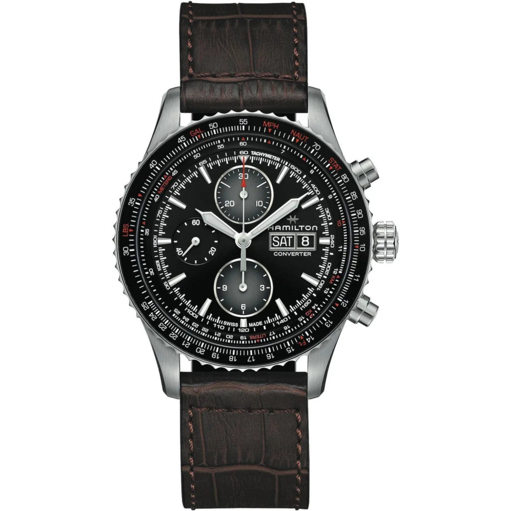 Hamilton Khaki Aviation Converter Automatic Chronograph Black Dial Brown Leather Strap Men's Watch H76726530