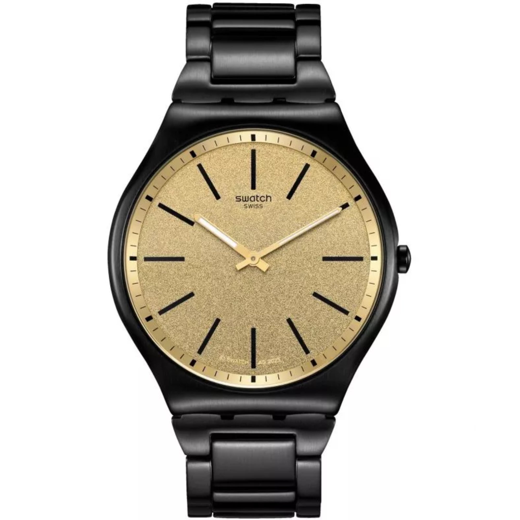 Swatch Holiday Collection Dashing Slate Quartz Gold Dial Black PVD Stainless Steel Case Unisex Watch SS07B109G