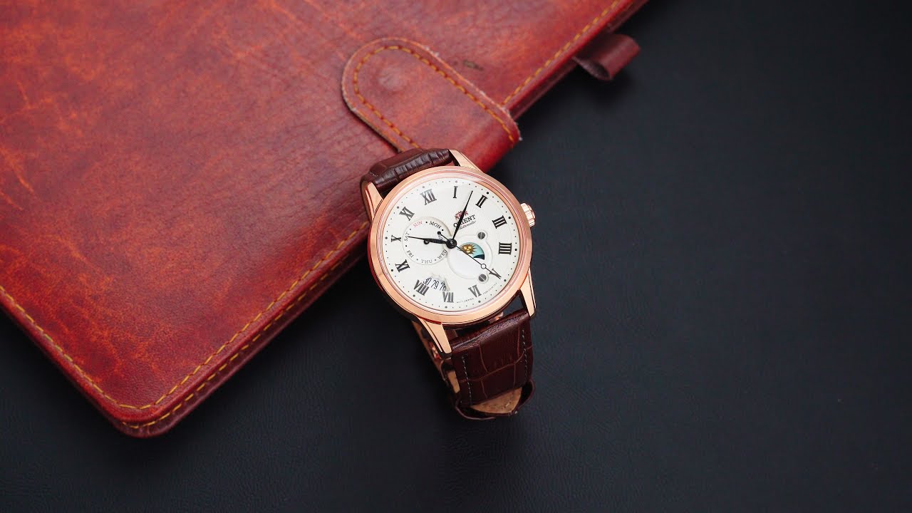 Orient Sun & Moon Ex-Display Champagne Dial Brown Leather Strap Men's Watch RA-AK0007S10B-EX