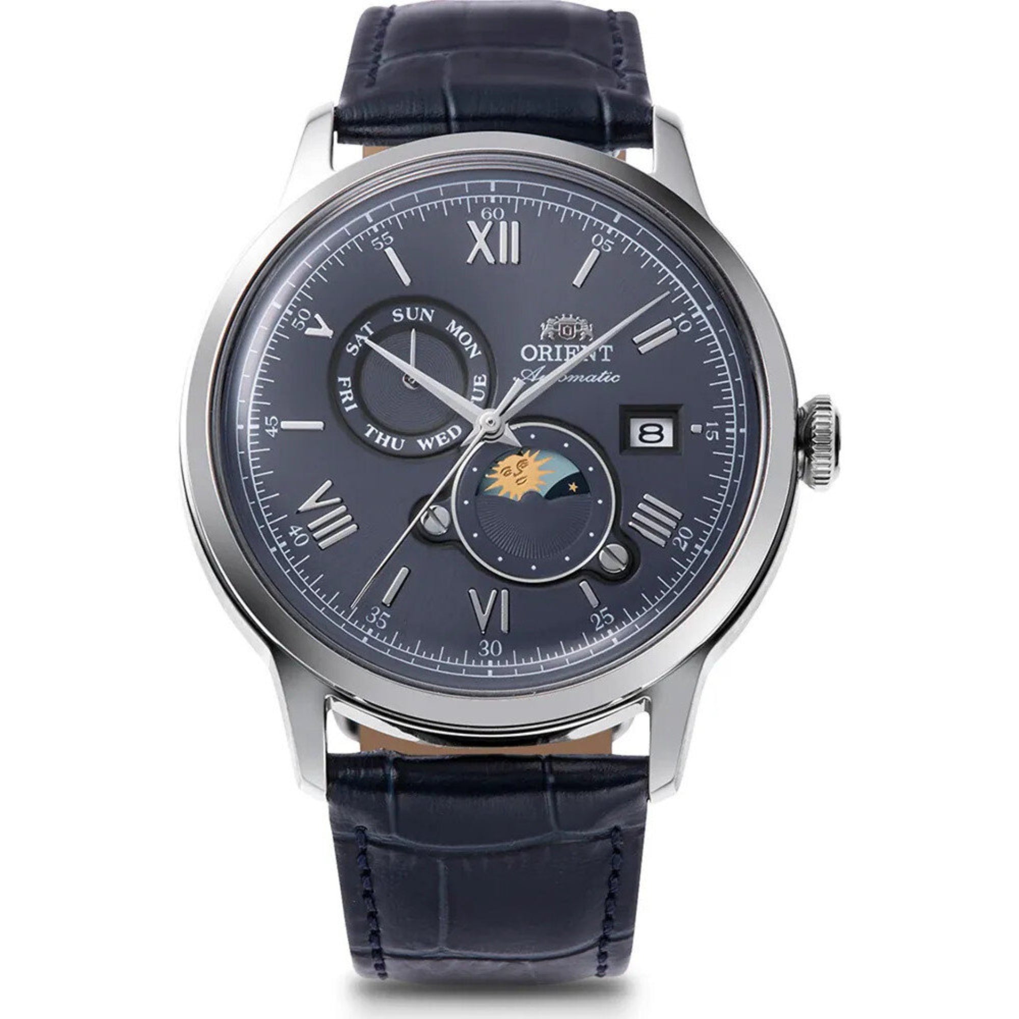 Orient Bambino Sun & Moon Blue Dial Leather Strap Men's Watch RA-AK0806L30B