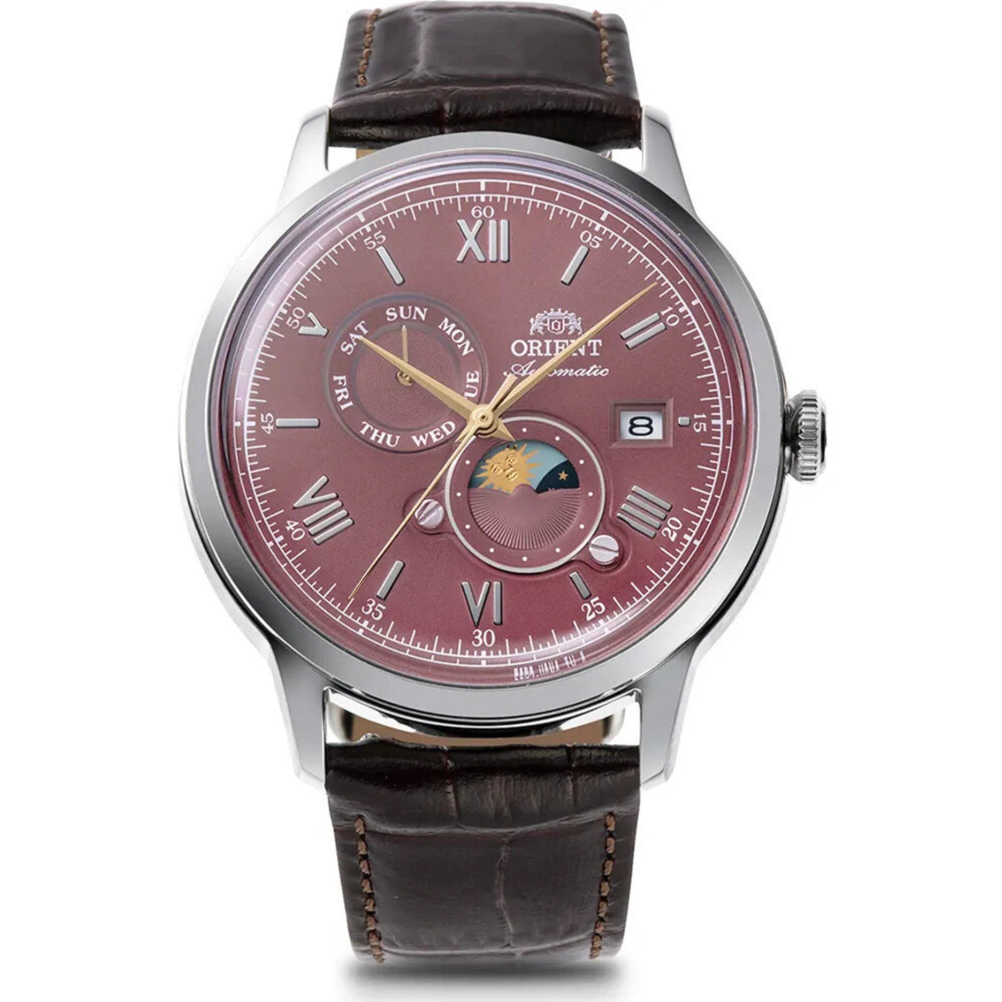 Orient Bambino Sun & Moon Red Dial Leather Strap Men's Watch RA-AK0807R30B