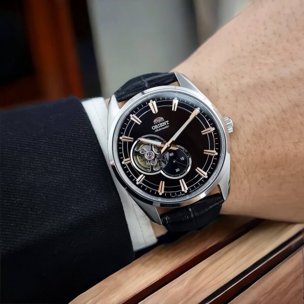 Orient Semi Skeleton Open Heart Mechanical Black Dial Black Leather Strap Men’s Watch RA-AR0005Y10B