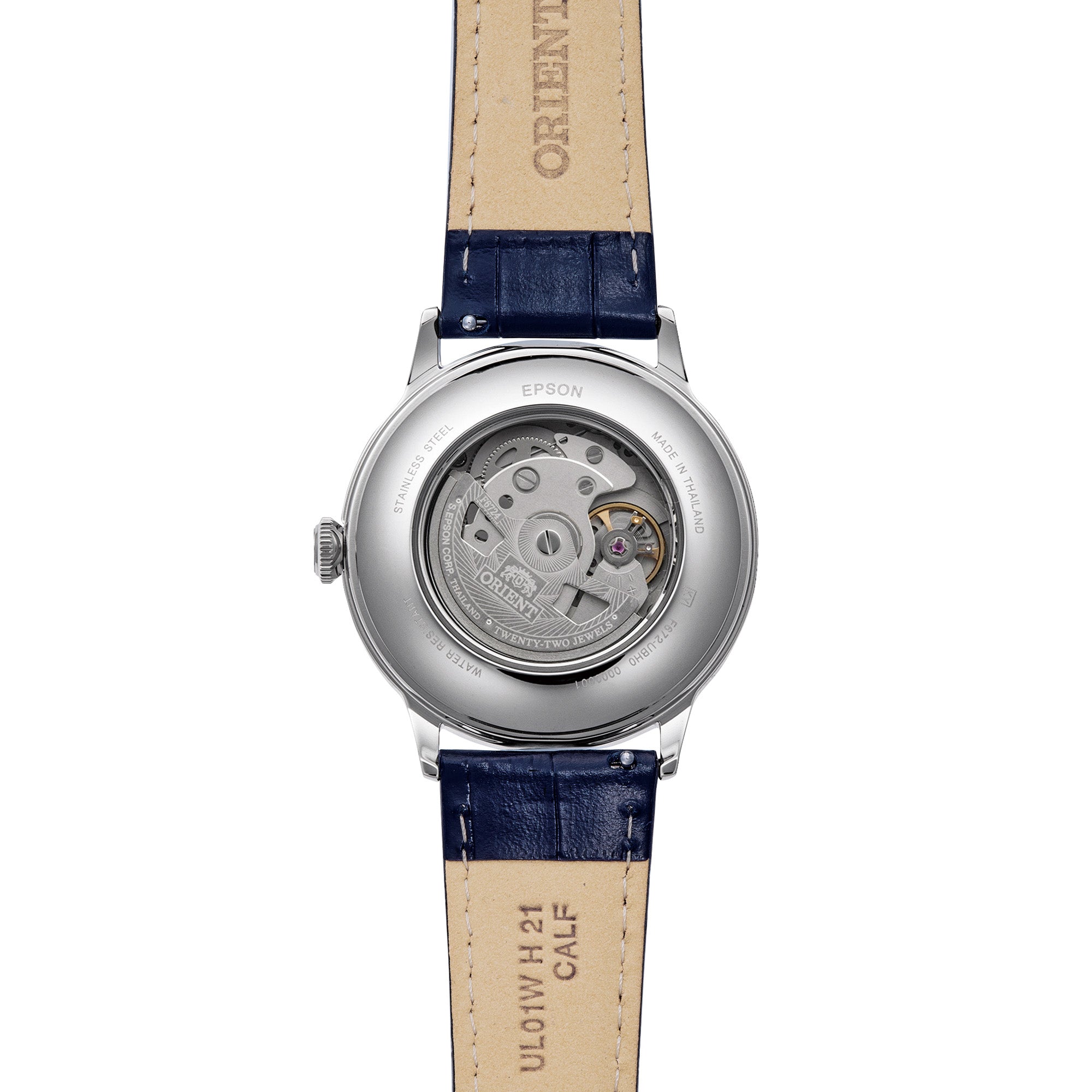 Orient Bambino RA-AC0030L30B blue leather strap detail