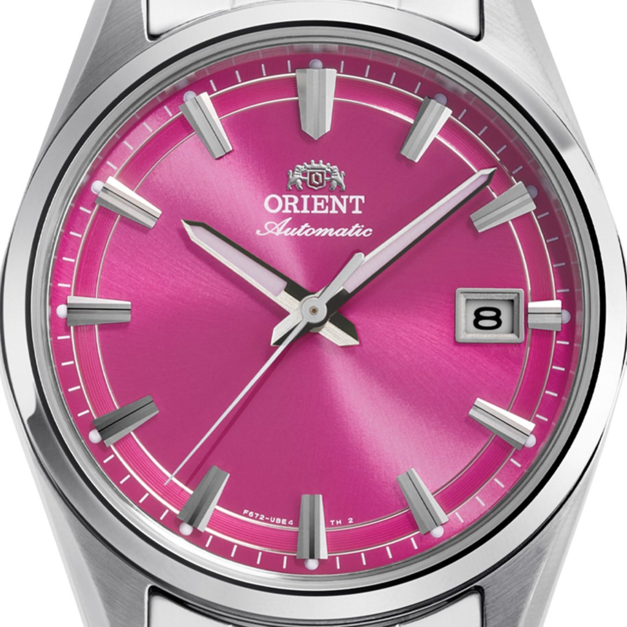 Orient Stretto RA-AC0R07P30B pink sunburst dial with date display close-up
