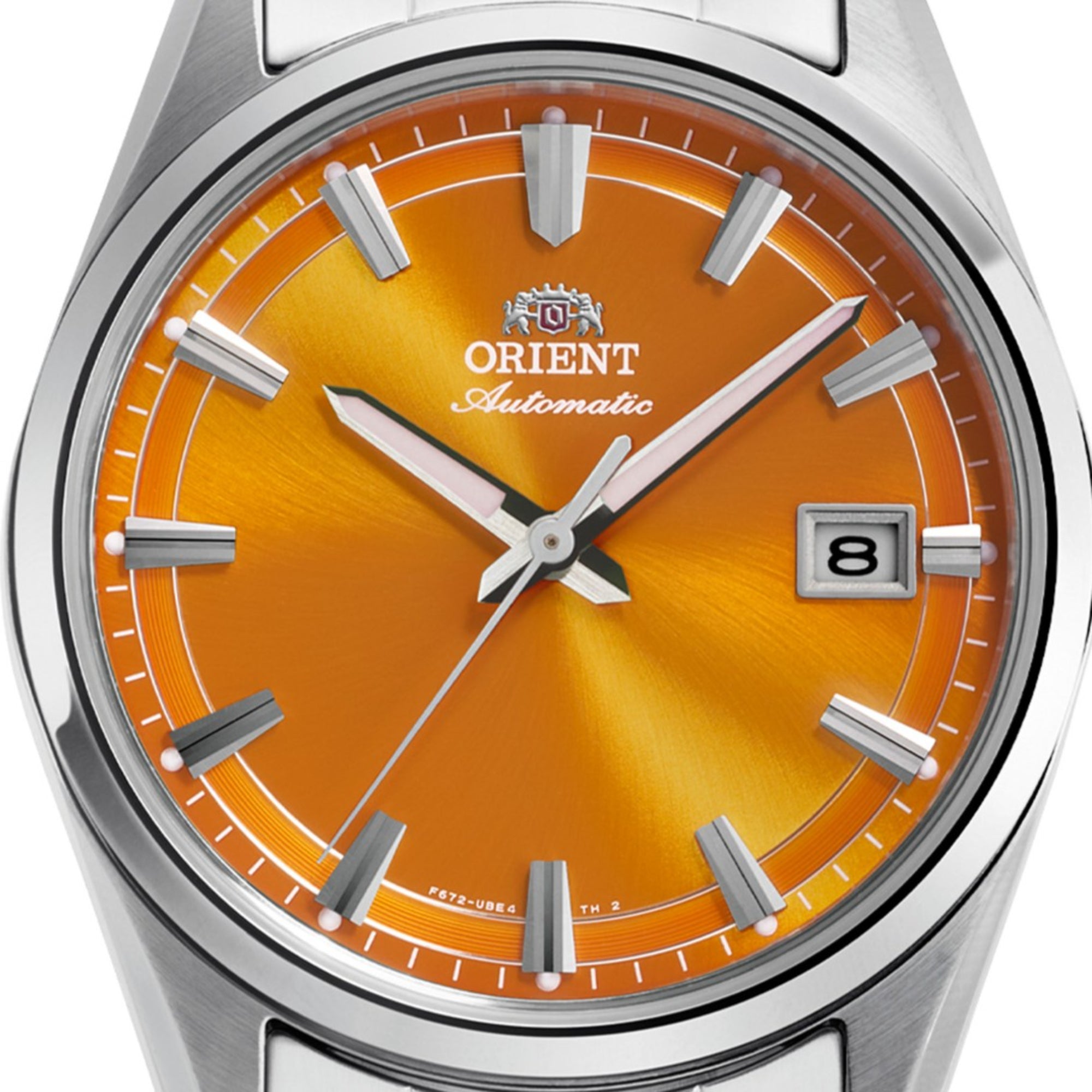 Orient Stretto RA-AC0R08Y30B orange sunburst dial with date display close-up
