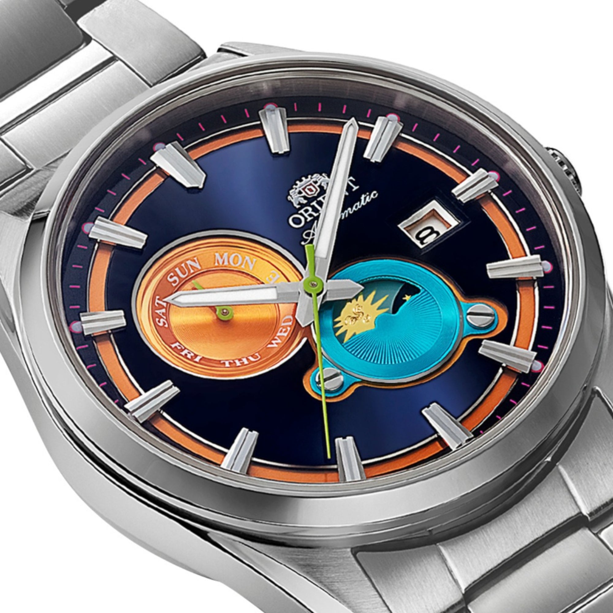 Orient Stretto RA-AK0316L30B multi-colour dial with sun and moon indicator close-up