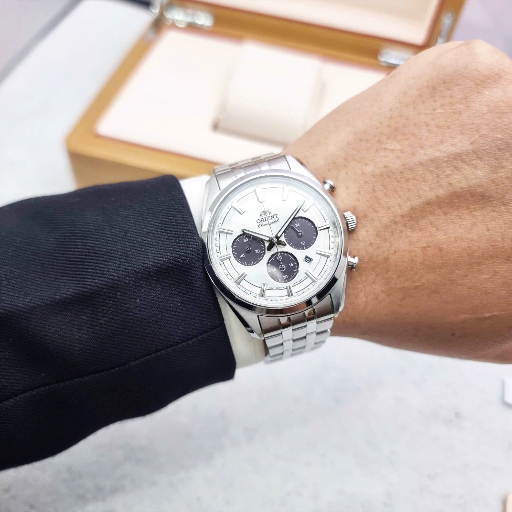 Orient Contemporary Stretto Date Solar Chronograph White Dial Steel Strap Men’s Watch RA-TX0305S10B