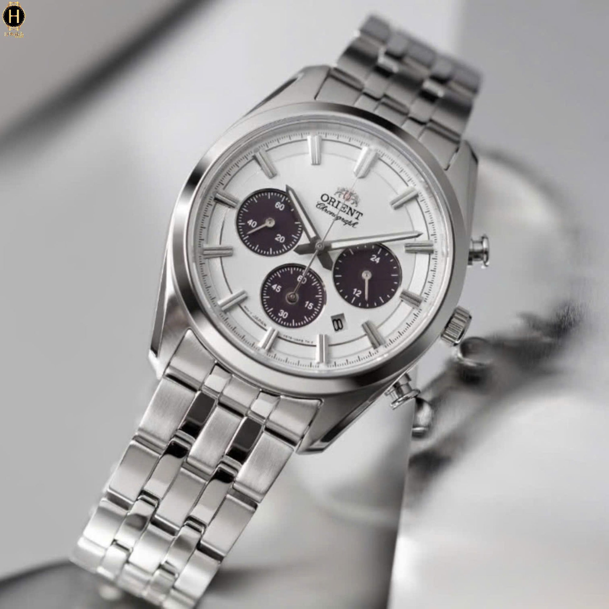 Orient Contemporary Stretto Date Solar Chronograph White Dial Steel Strap Men’s Watch RA-TX0305S10B