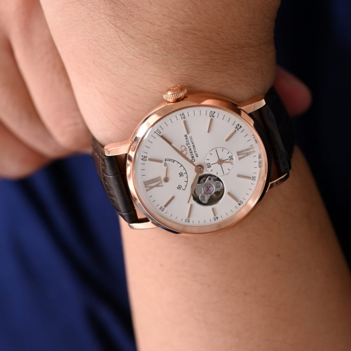 Orient Star Semi Skeleton 40mm Cream Dial Leather Mens Automatic Watch RE-AV0001S00B