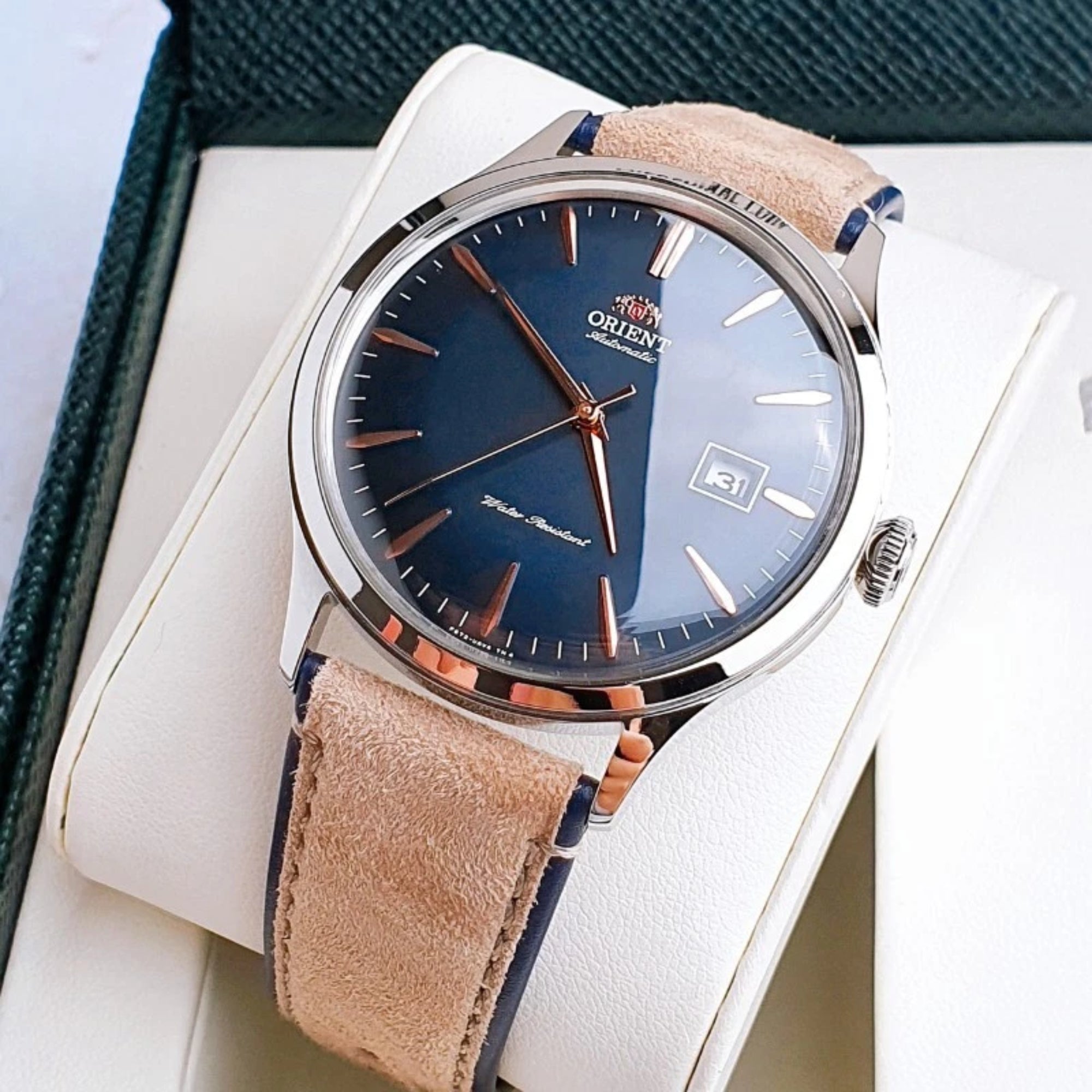 Orient Bambino Classic Vintage Style Automatic Navy Dial Leather Strap Men’s Dress Watch RA-AC0P02L30B