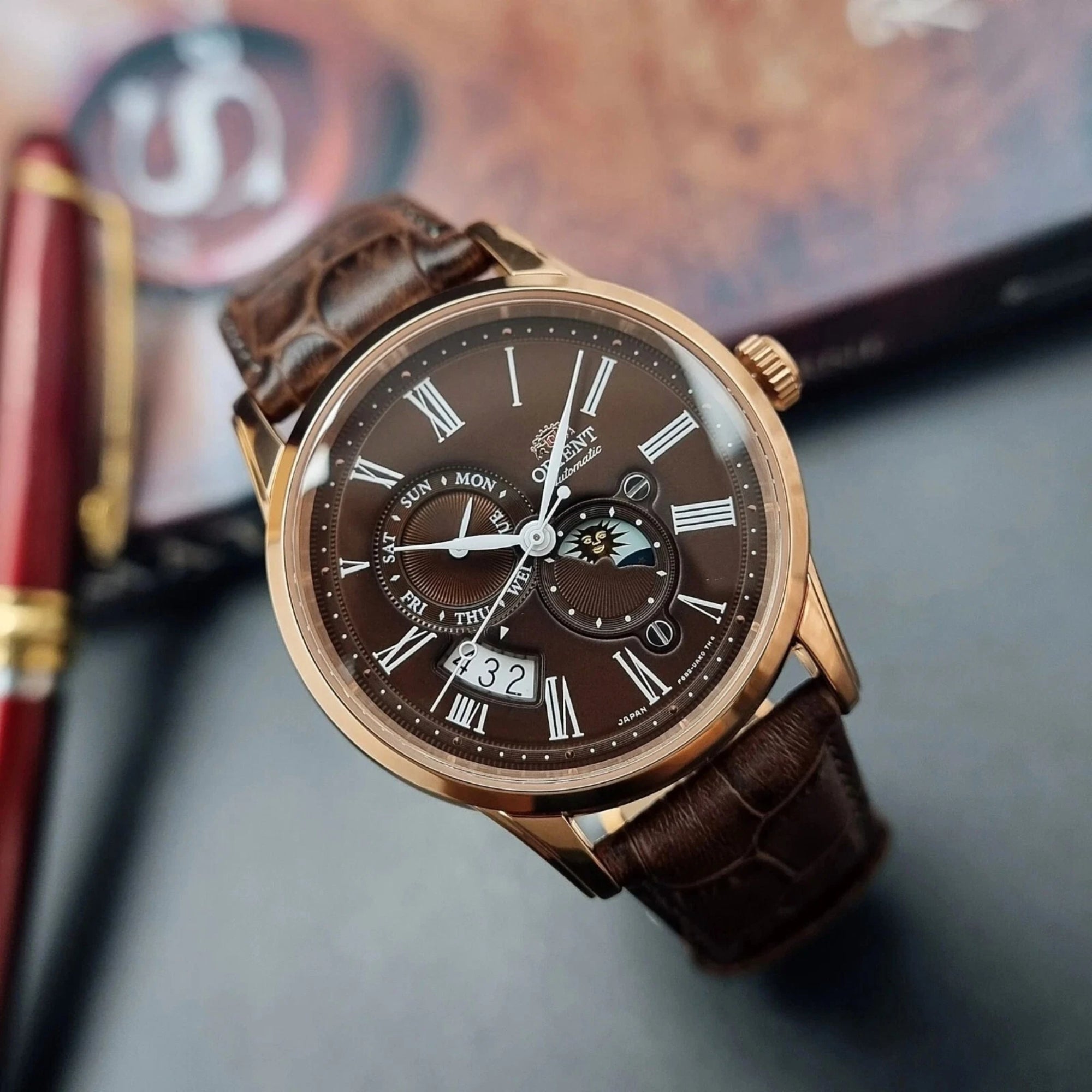 Orient Sun and Moon Automatic Brown Dial Leather Strap Men's Watch RA-AK0009T30B
