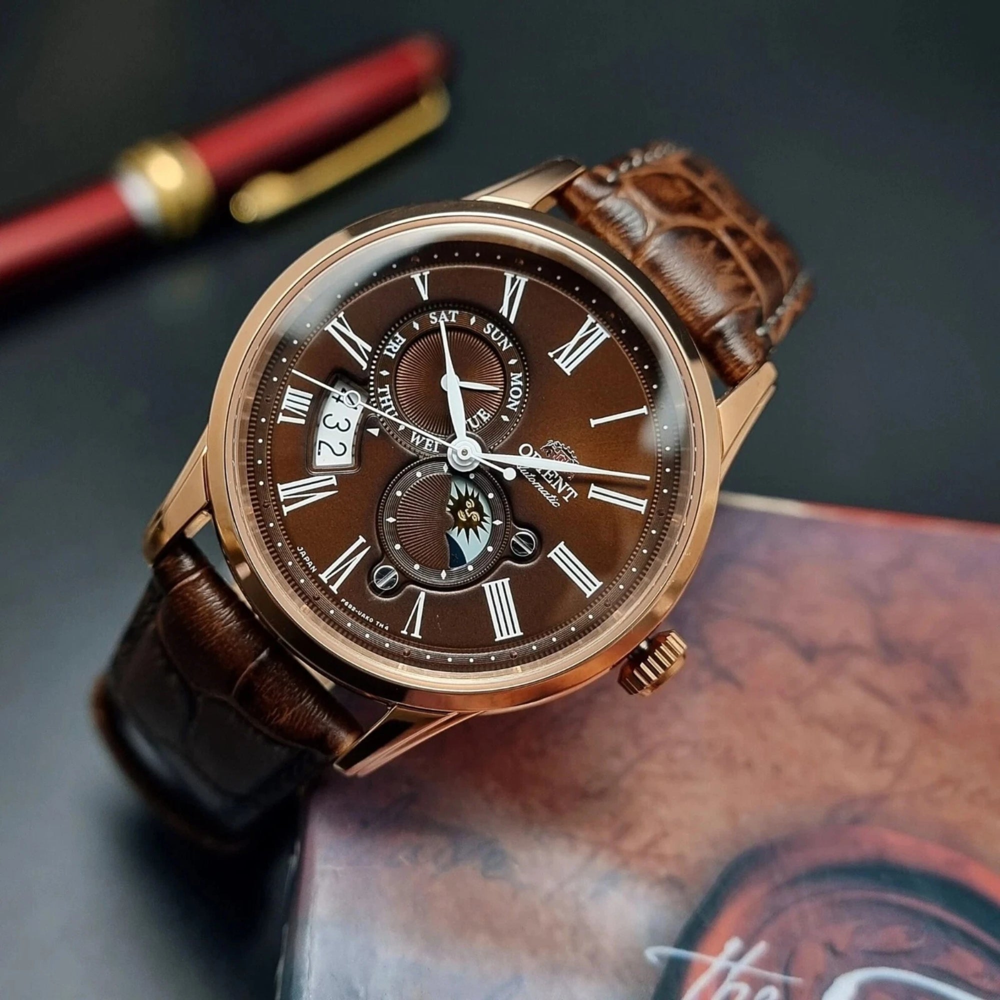 Orient Sun and Moon Automatic Brown Dial Leather Strap Men's Watch RA-AK0009T30B