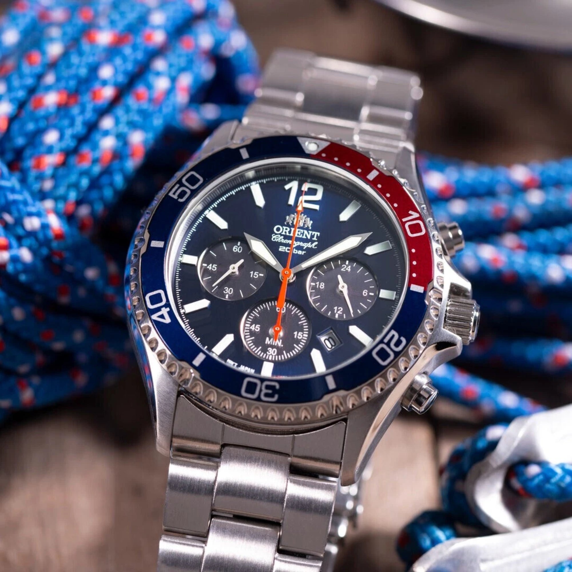 Orient Mako Solar Chronograph Quartz Blue Dial Steel Strap Men’s Dive Watch RA-TX0201L10B