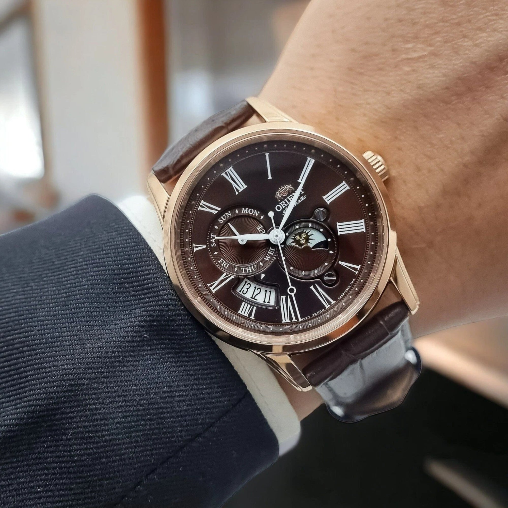 Orient Sun and Moon Automatic Brown Dial Leather Strap Men's Watch RA-AK0009T30B