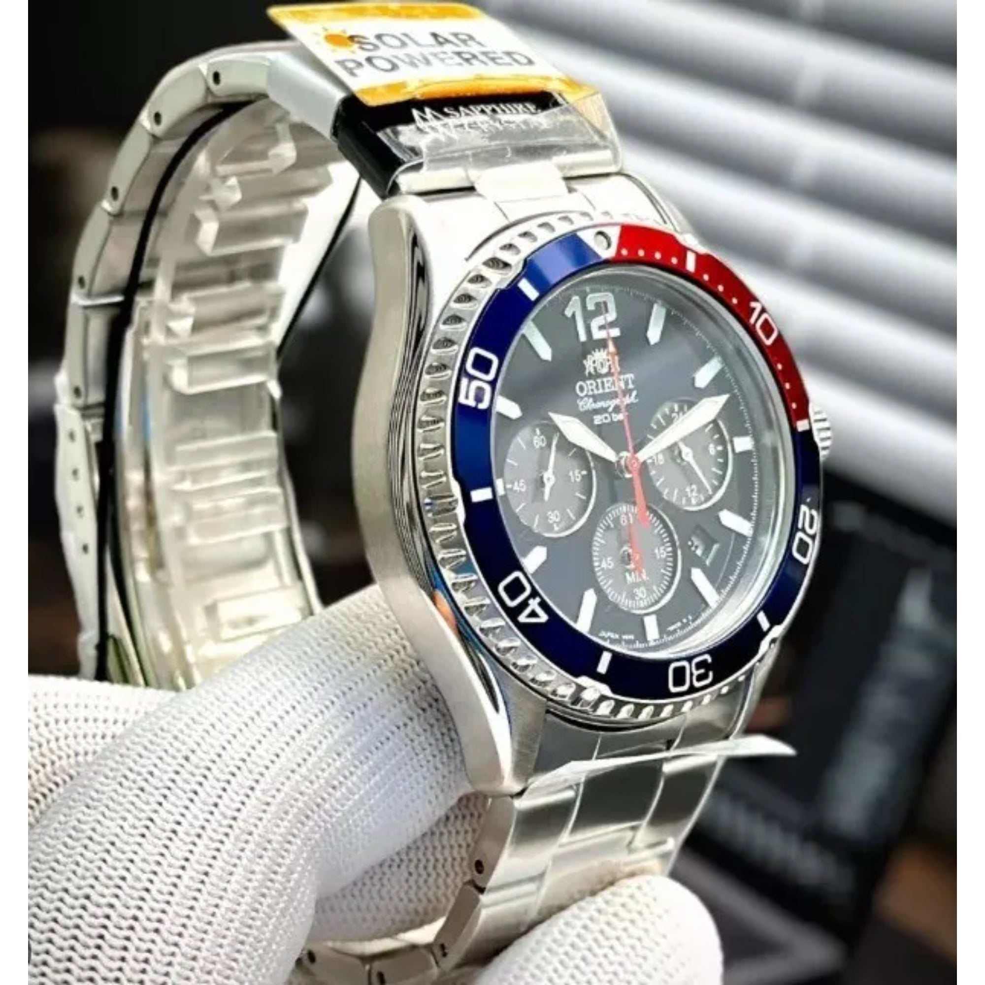 Orient Mako Solar Chronograph Quartz Blue Dial Steel Strap Men’s Dive Watch RA-TX0201L10B