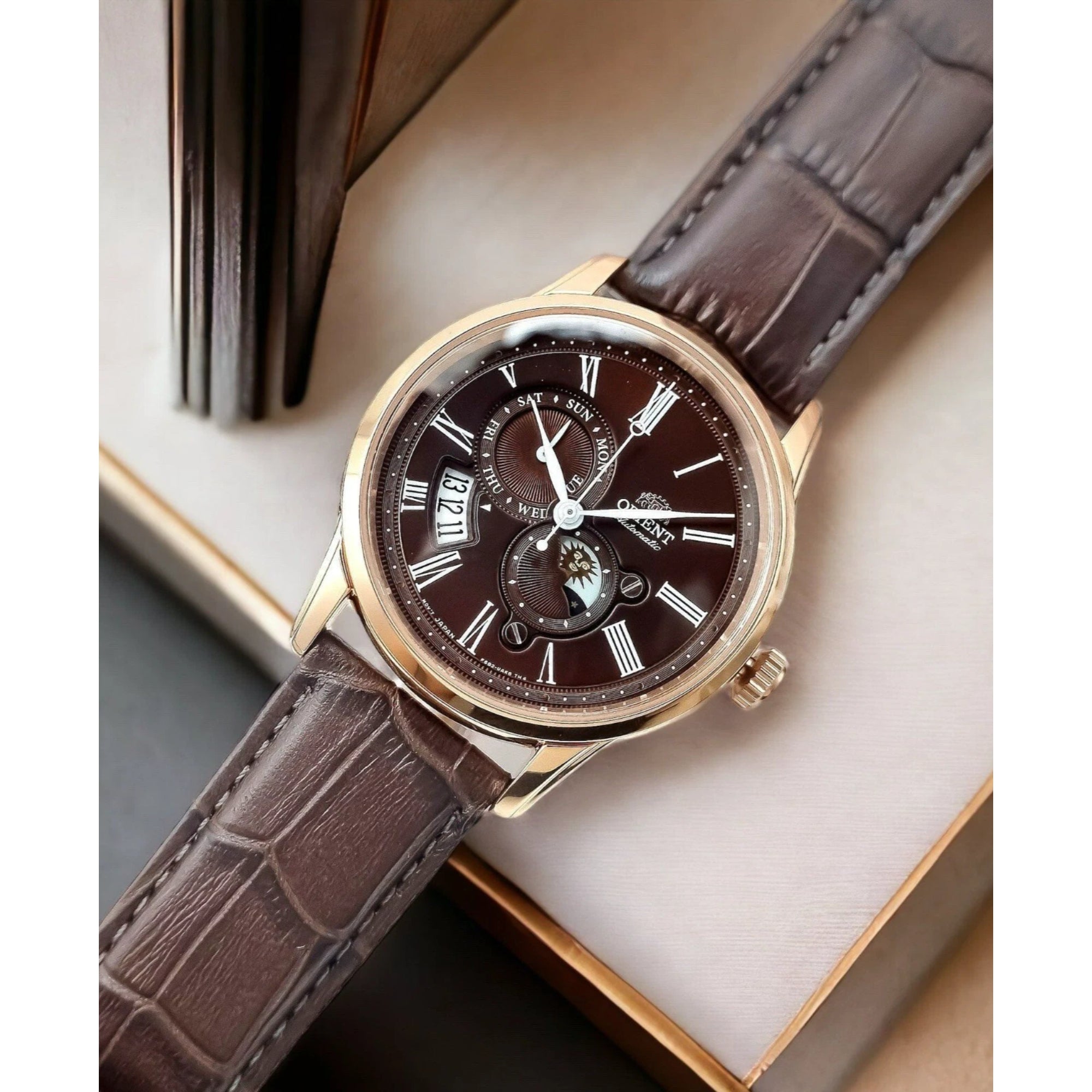 Orient Sun and Moon Automatic Brown Dial Leather Strap Men's Watch RA-AK0009T30B