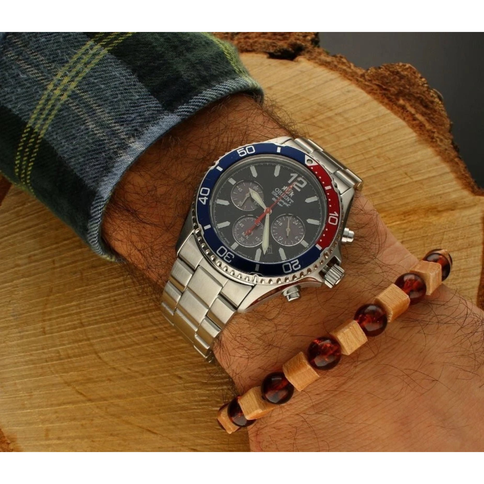 Orient Mako Solar Chronograph Quartz Blue Dial Steel Strap Men’s Dive Watch RA-TX0201L10B
