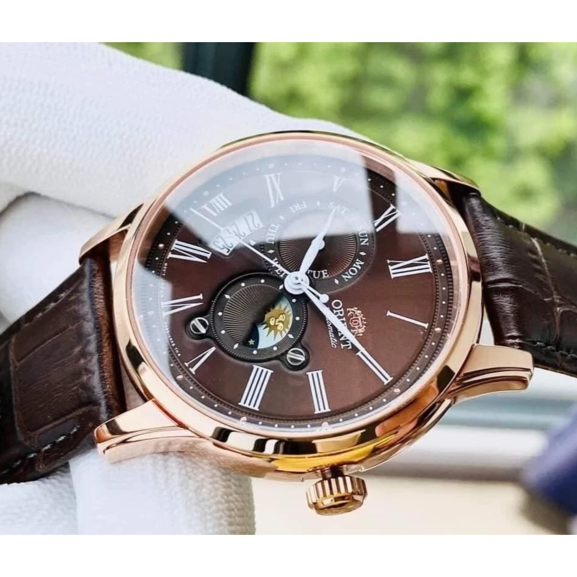 Orient Sun and Moon Automatic Brown Dial Leather Strap Men's Watch RA-AK0009T30B