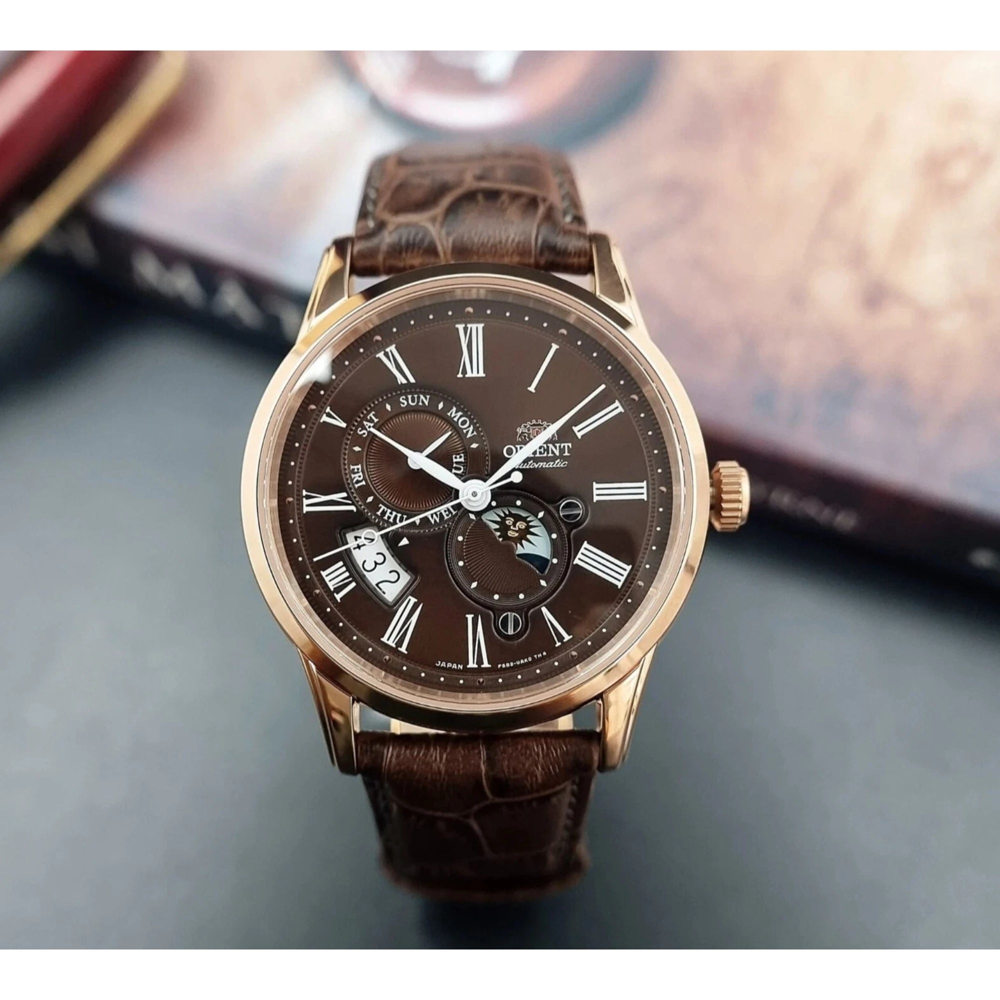 Orient Sun and Moon Automatic Brown Dial Leather Strap Men's Watch RA-AK0009T30B