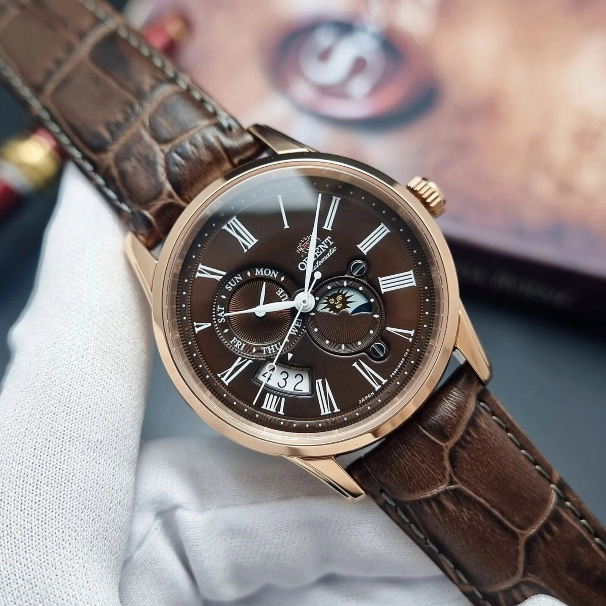 Orient Sun and Moon Automatic Brown Dial Leather Strap Men's Watch RA-AK0009T30B
