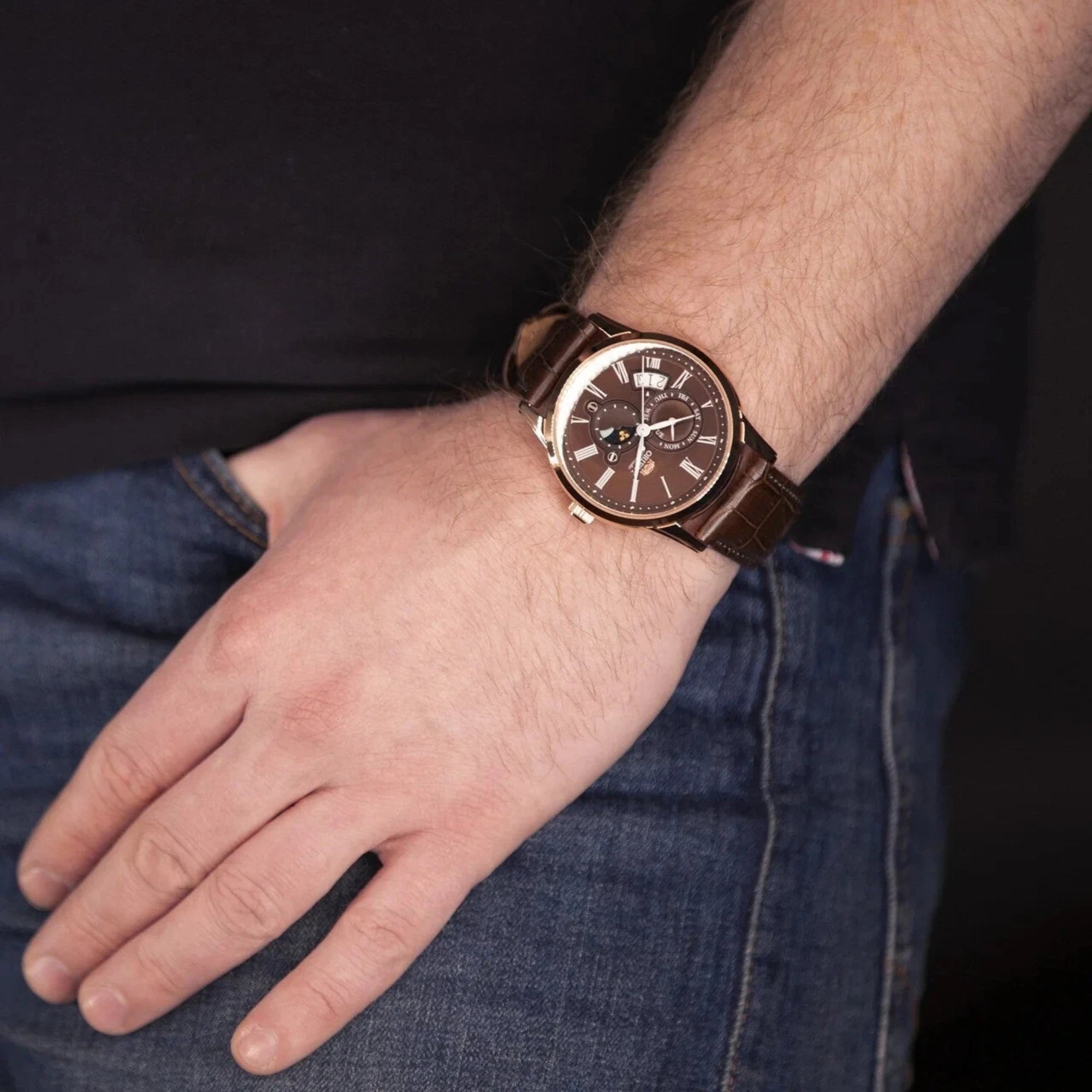 Orient Sun and Moon Automatic Brown Dial Leather Strap Men's Watch RA-AK0009T30B