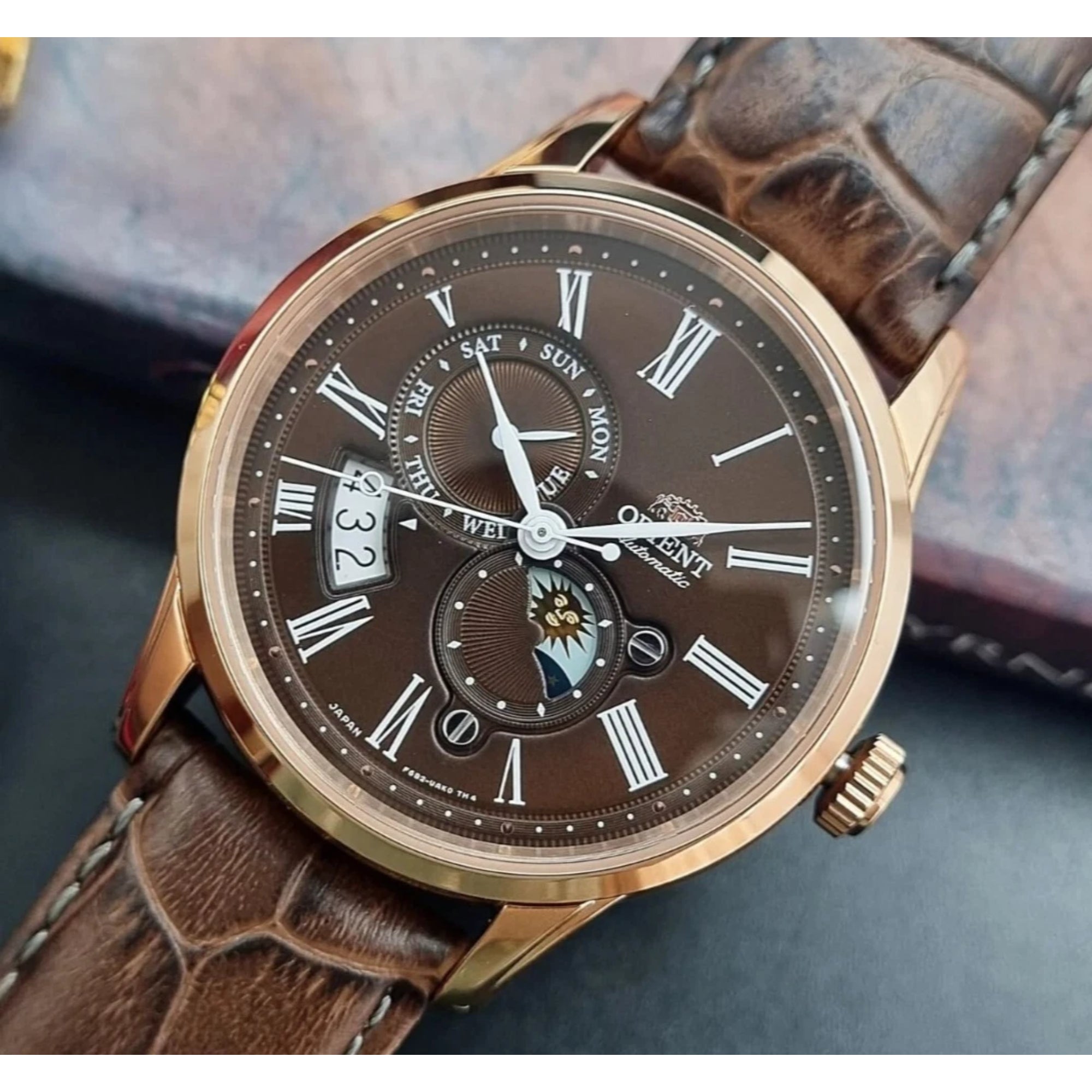 Orient Sun and Moon Automatic Brown Dial Leather Strap Men's Watch RA-AK0009T30B