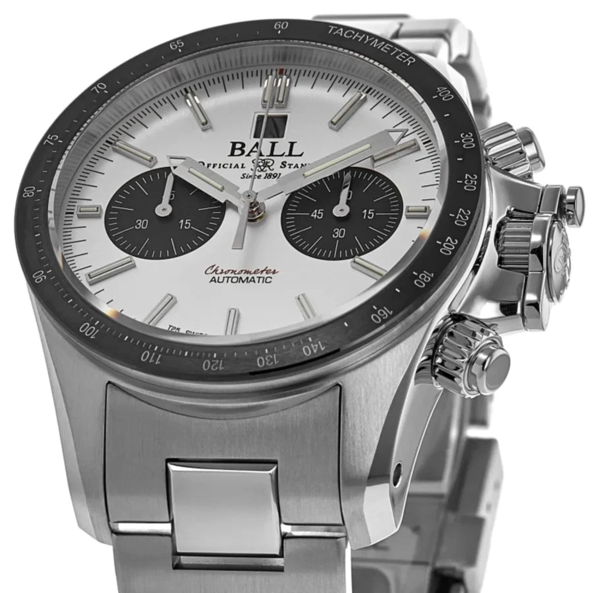 Ball Racer Chronograph Automatic White Dial Silver Stainless Steel Bracelet Men's Watch CM2198C-S1CJ-SL
