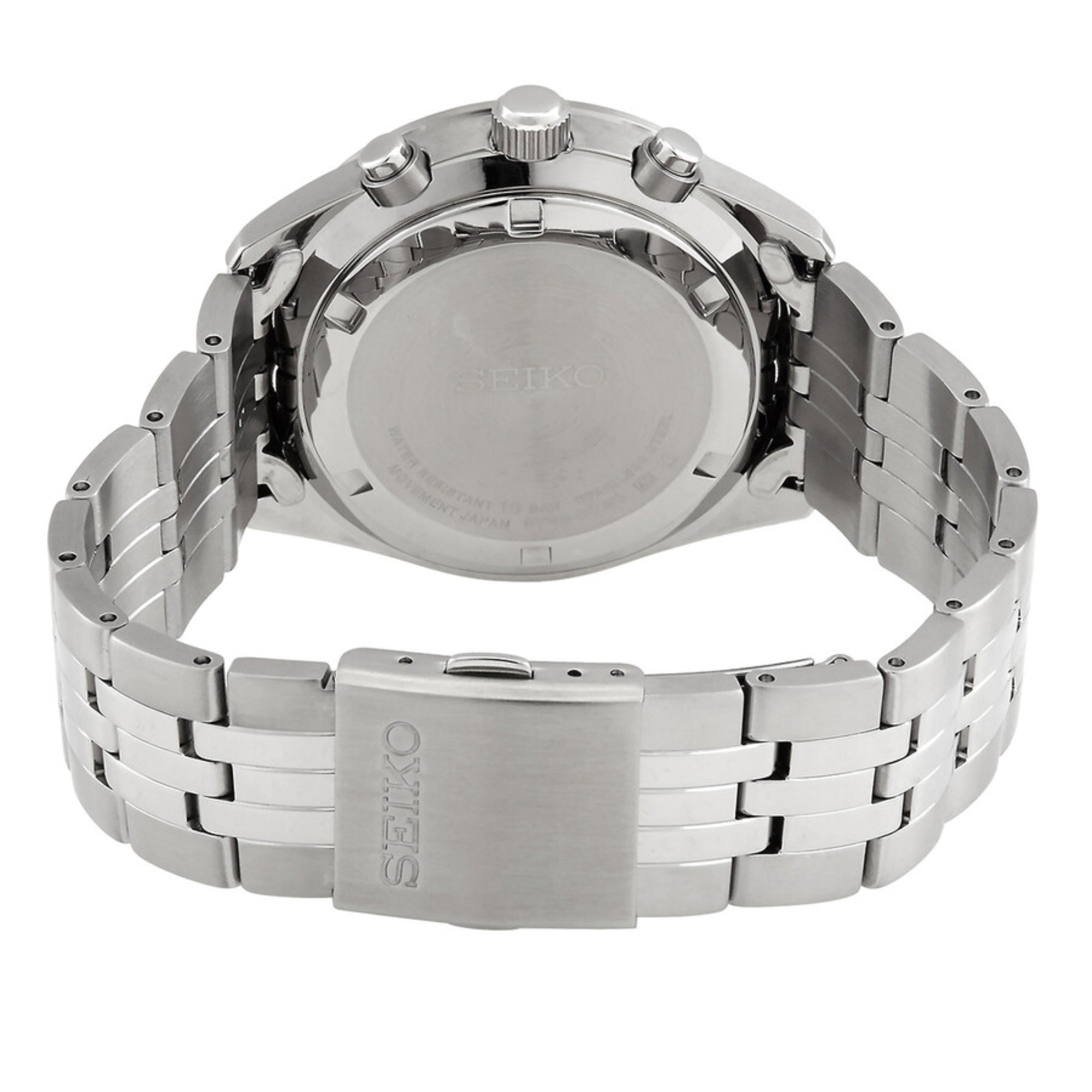 Seiko SSB425P1 stainless steel case back and stainless steel bracelet secured with a three-fold clasp on white background