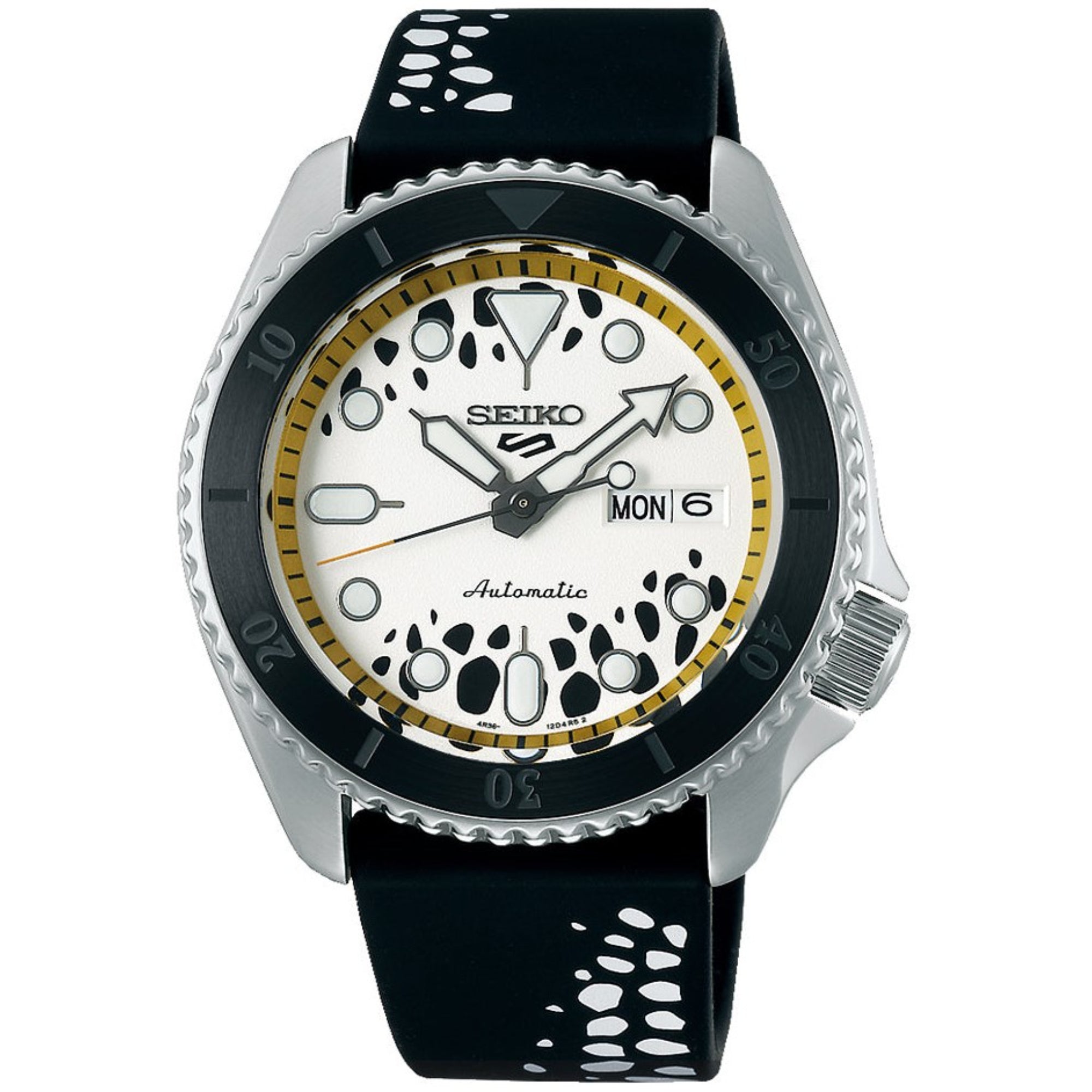 Seiko 5 Sports One Piece Trafalgar D. Water Law Automatic White Dial Black Silicone Strap SRPH63K1