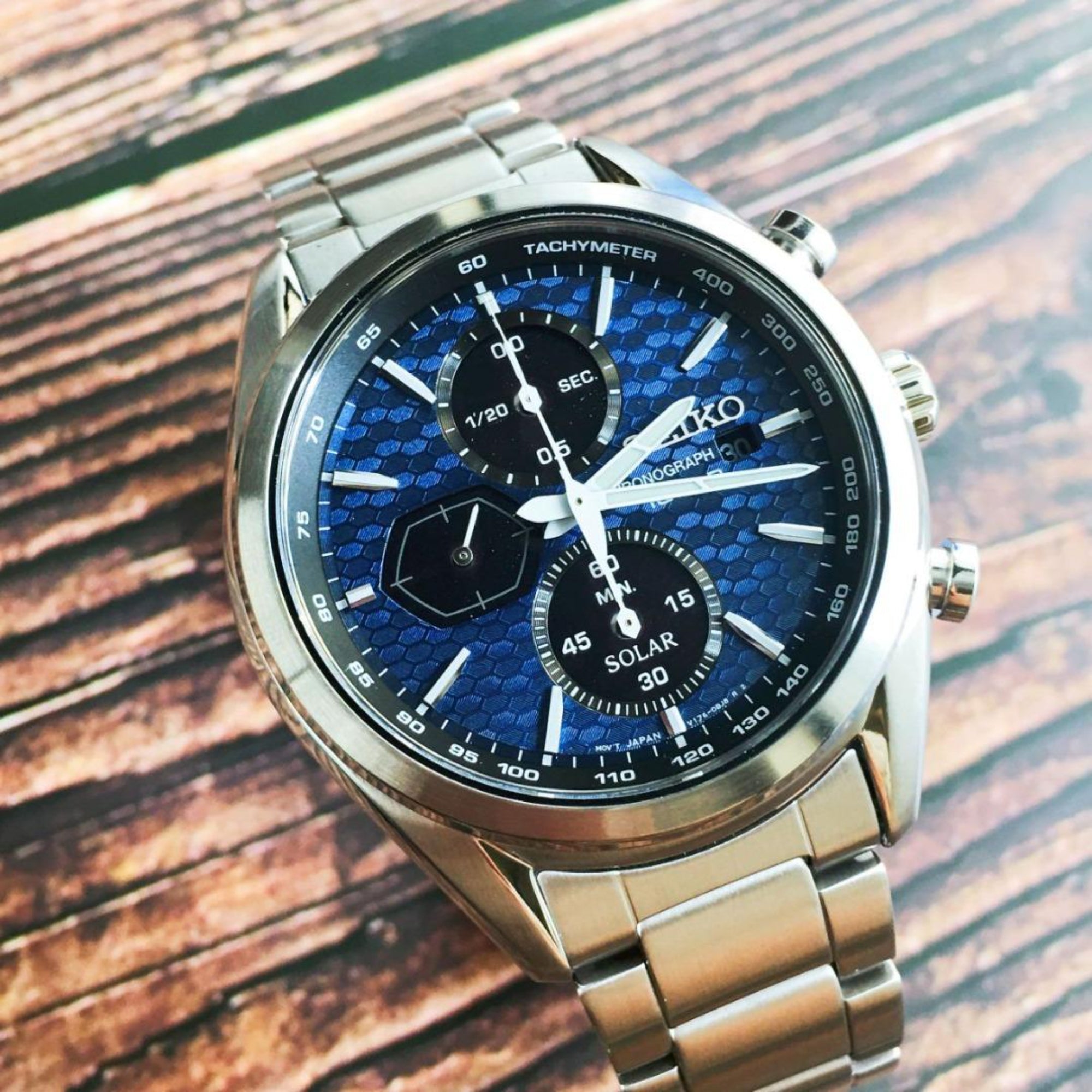 Seiko Conceptual Solar Quartz Blue Chronograph Dial Steel Bracelet Men's Watch SSC801P1