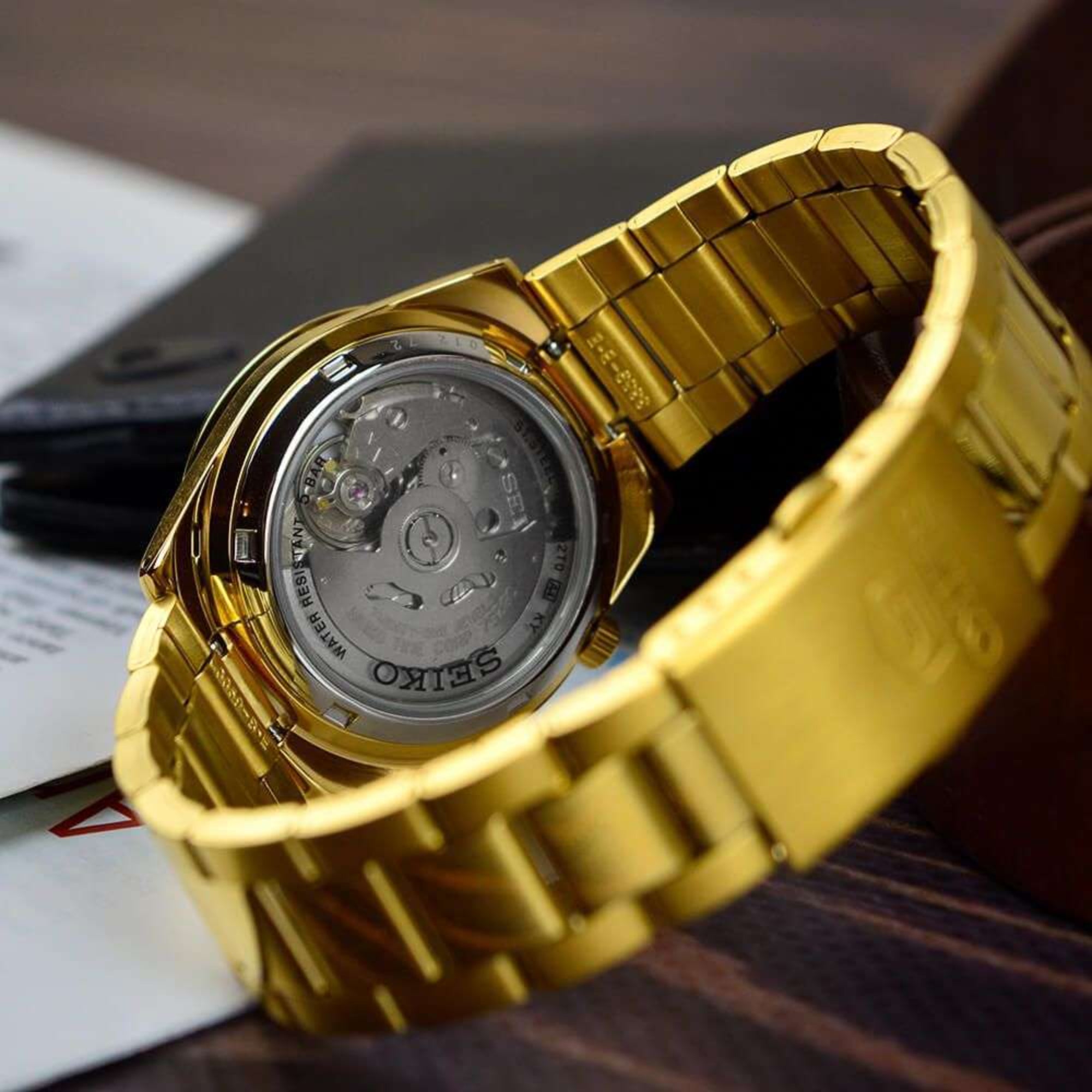Seiko 5 Automatic Gold Dial Gold PVD Stainless Steel Bracelet Men's Watch SNKE06K1
