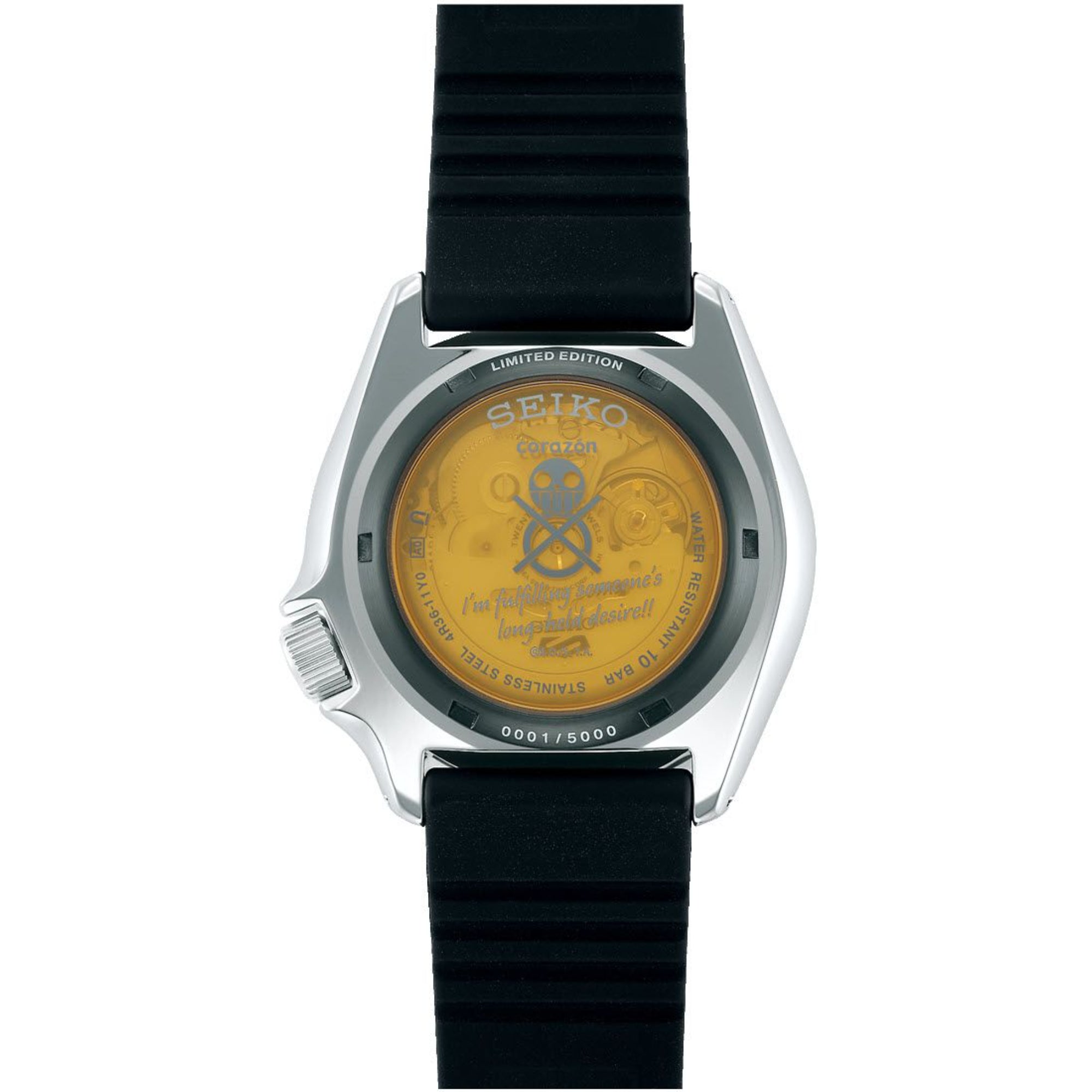 Seiko 5 Sports One Piece Trafalgar D. Water Law Automatic White Dial Black Silicone Strap SRPH63K1