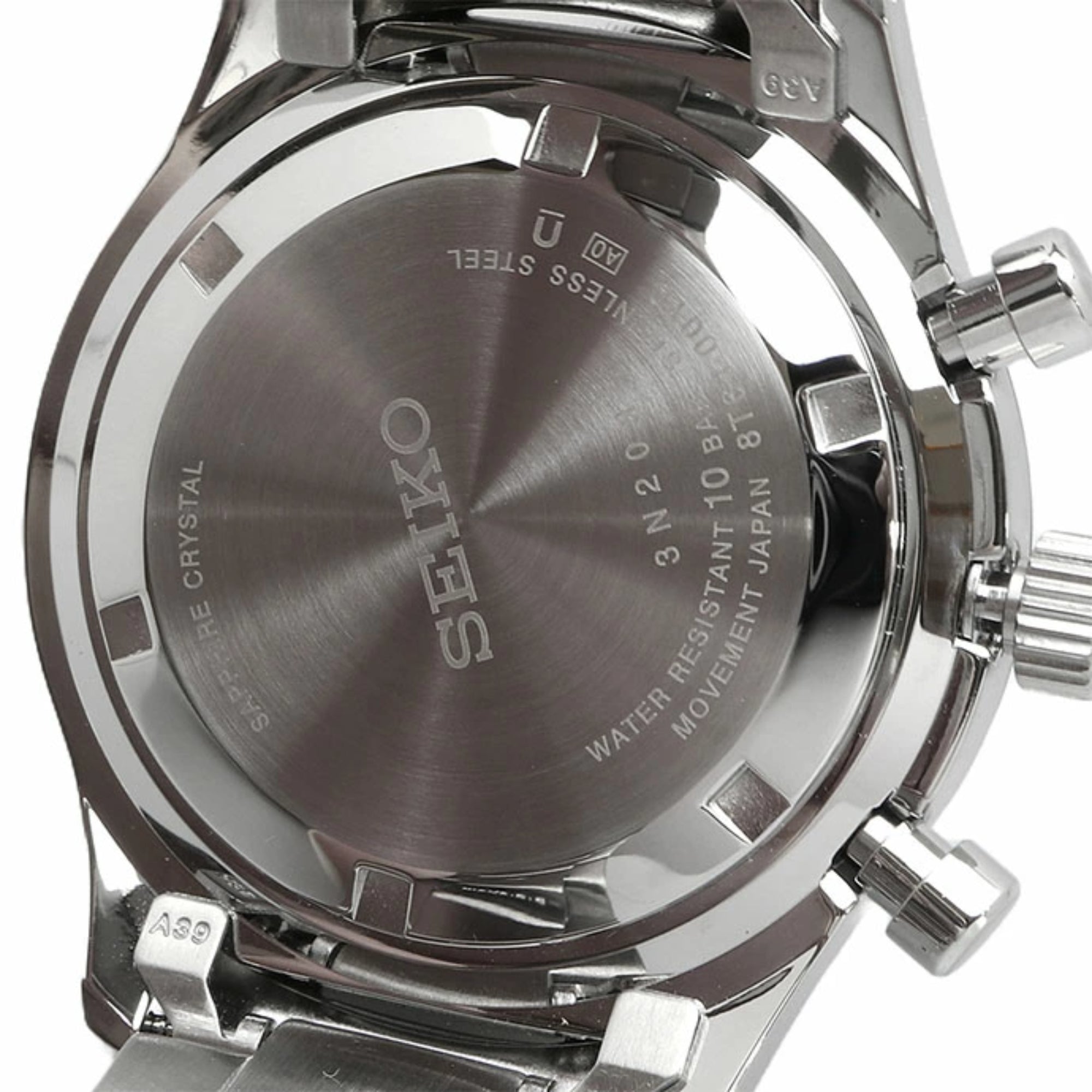 Close-up of Seiko Essentials SSB445P1 case-back with engraved specifications