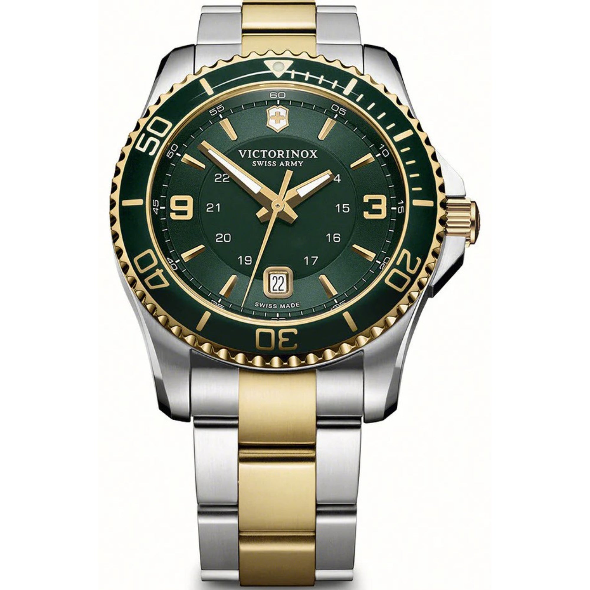 Victorinox Swiss Army Maverick Large Quartz Green Dial Silver Gold Stainless Steel Bracelet Men's Watch 241605
