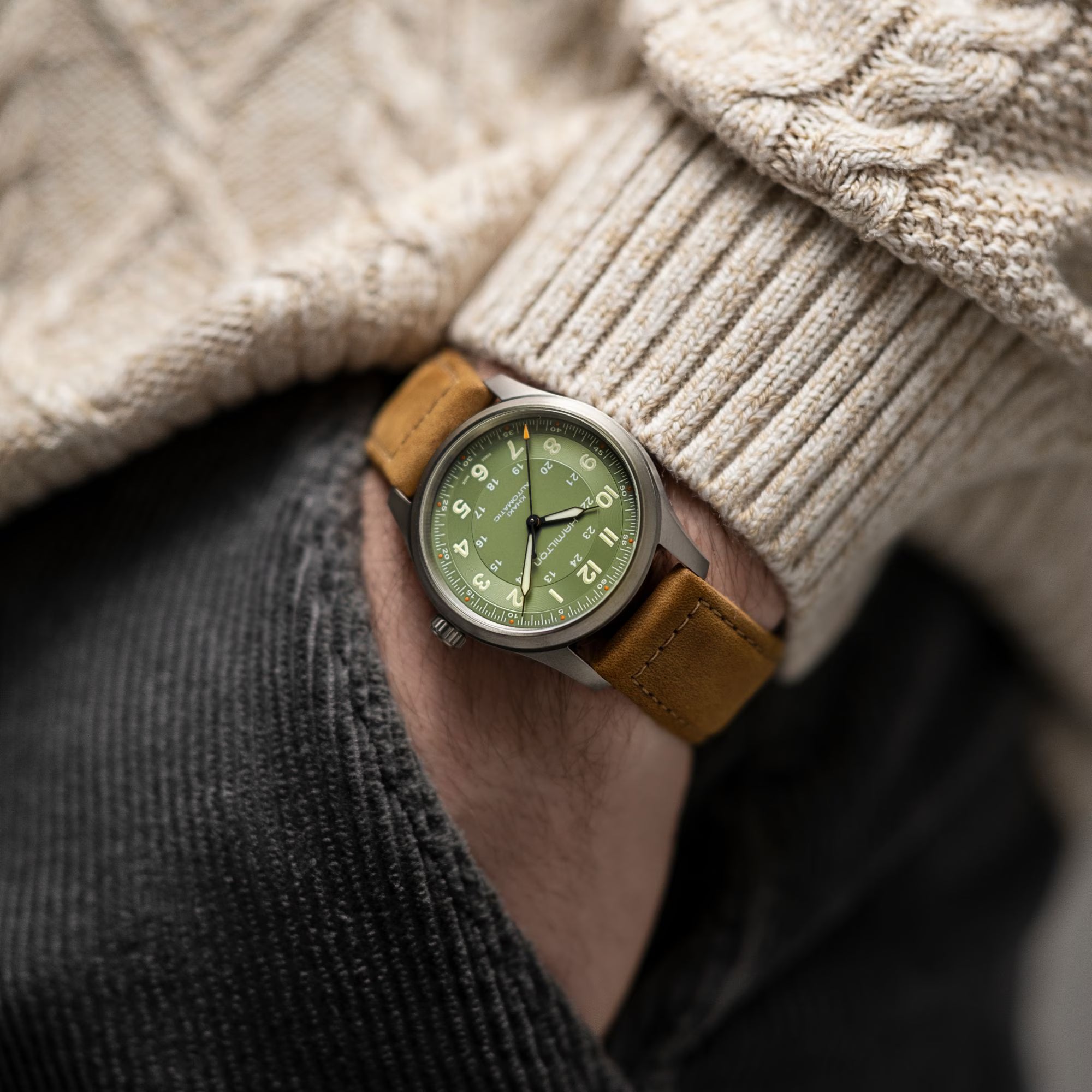 Hamilton Khaki Field Titanium Automatic Green Dial Brown Leather Strap Men's Watch H70205860