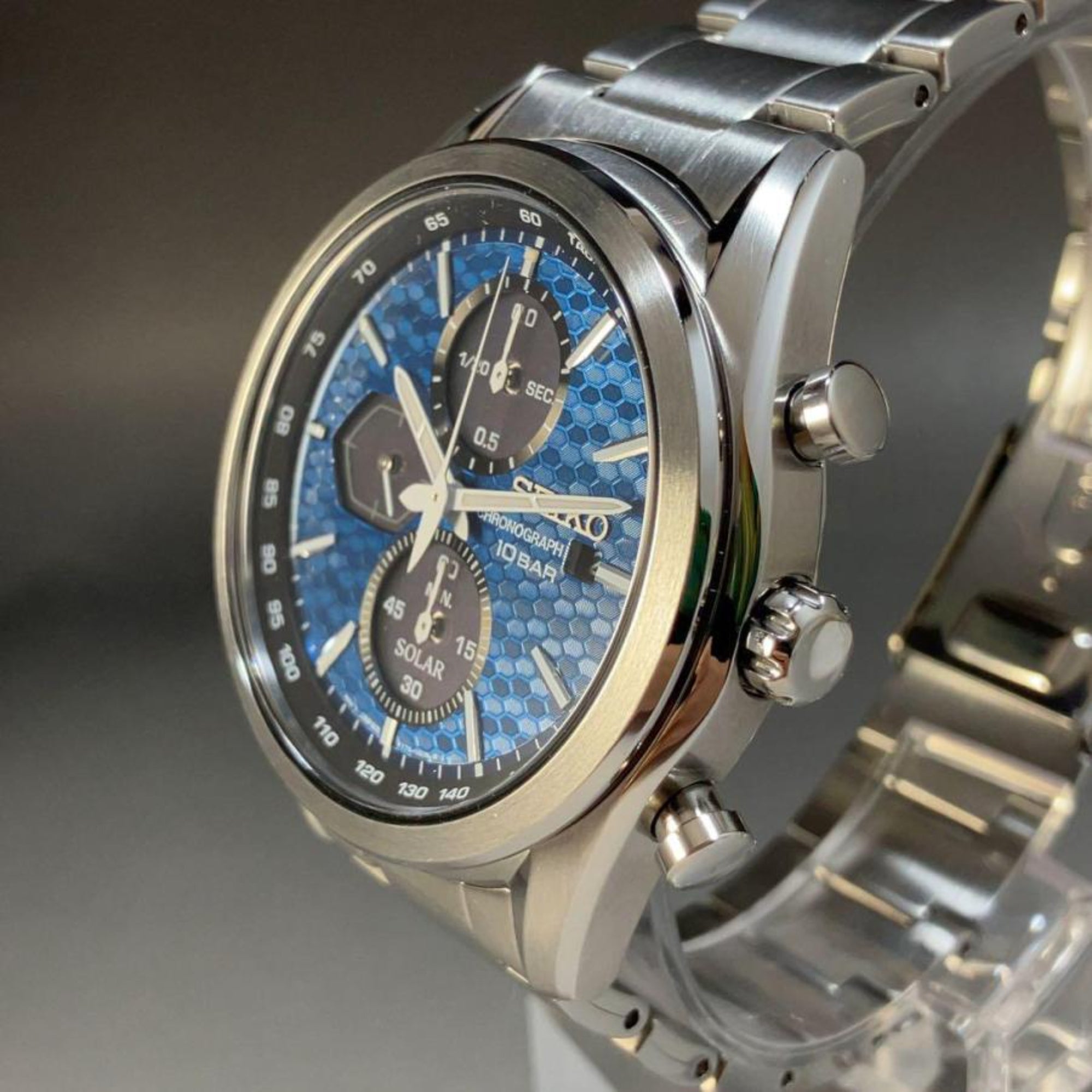 Seiko Conceptual Solar Quartz Blue Chronograph Dial Steel Bracelet Men's Watch SSC801P1