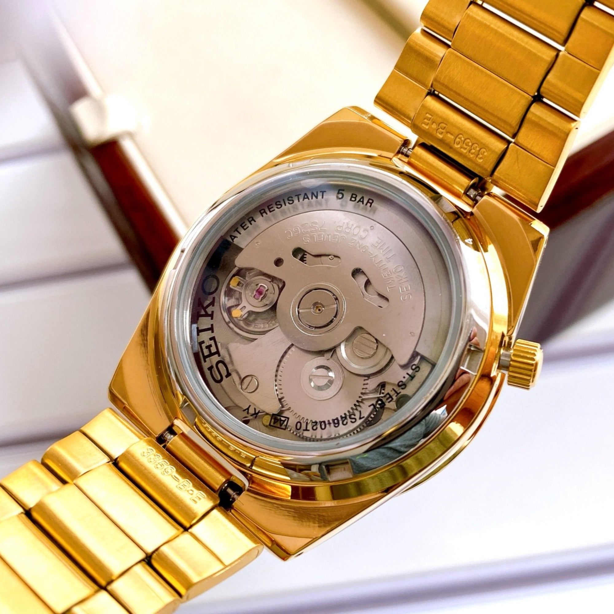 Seiko 5 Automatic Gold Dial Gold PVD Stainless Steel Bracelet Men's Watch SNKE06K1