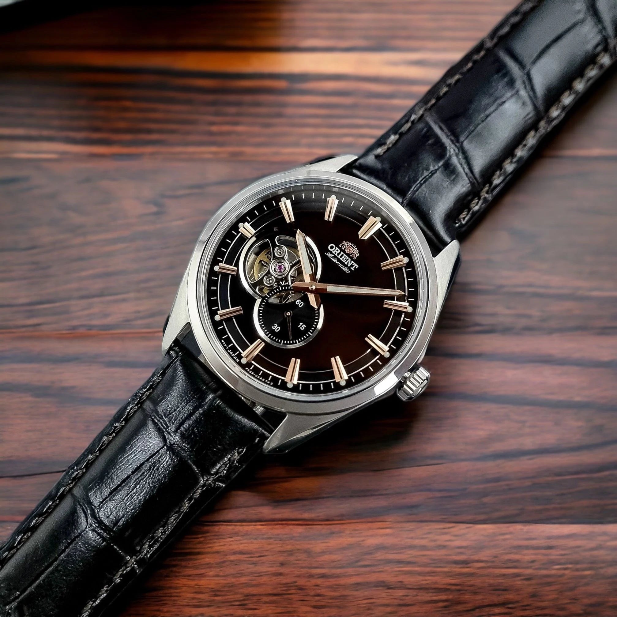 Orient Semi Skeleton Open Heart Mechanical Black Dial Black Leather Strap Men’s Watch RA-AR0005Y10B