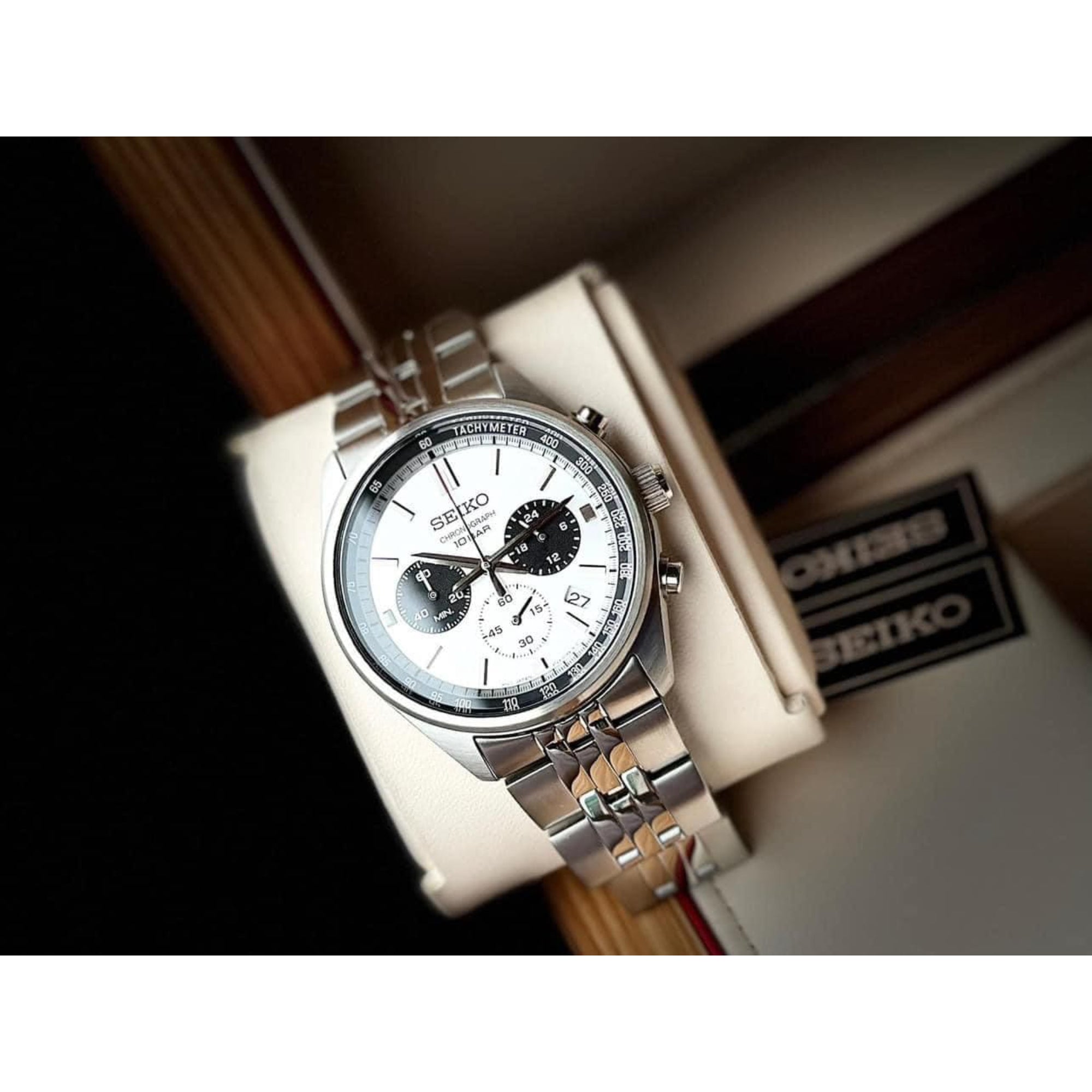 Seiko Essentials SSB425P1 chronograph watch displayed at an angle