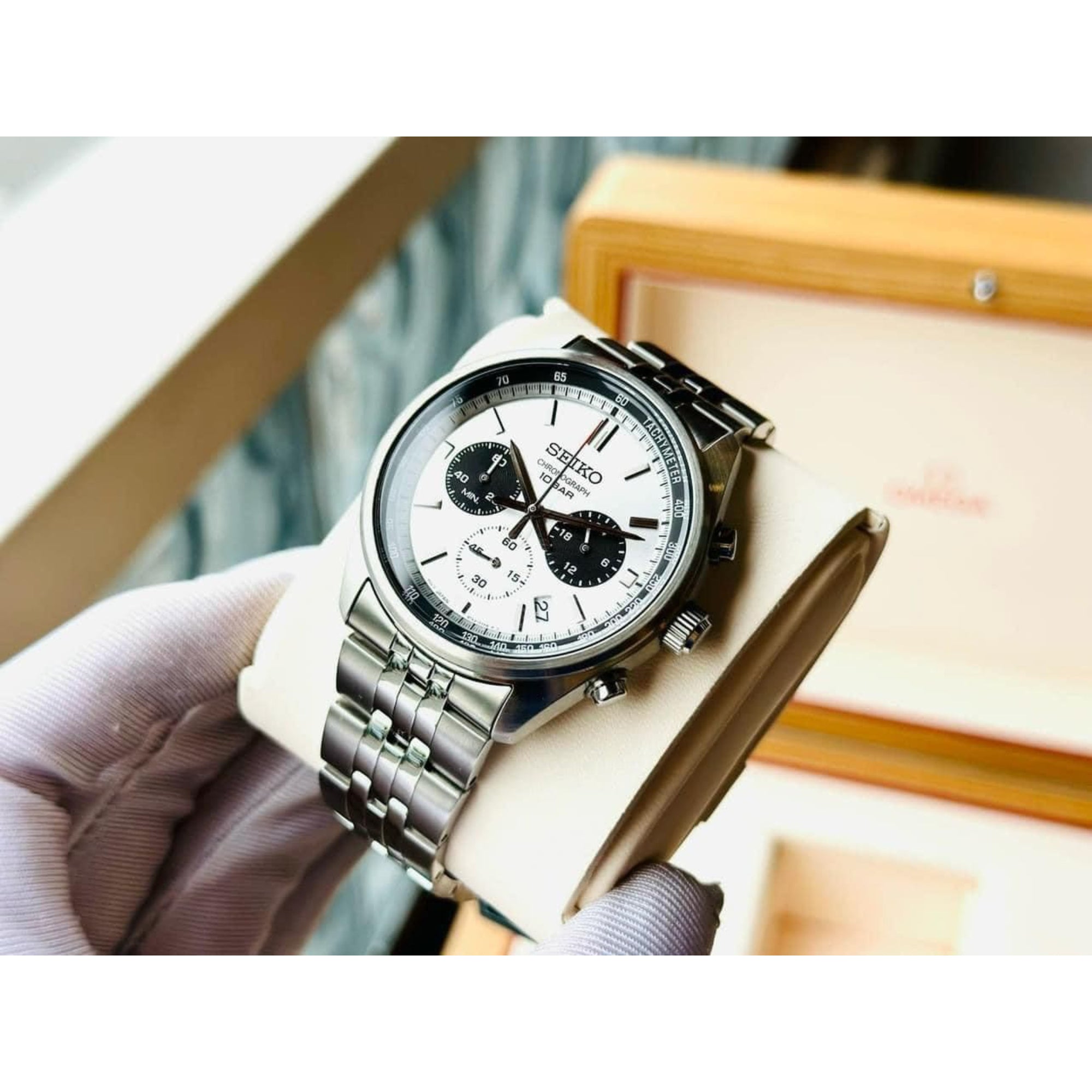 Seiko Conceptual Quartz Chronograph Panda Dial Steel Strap Men's Watch SSB425P1