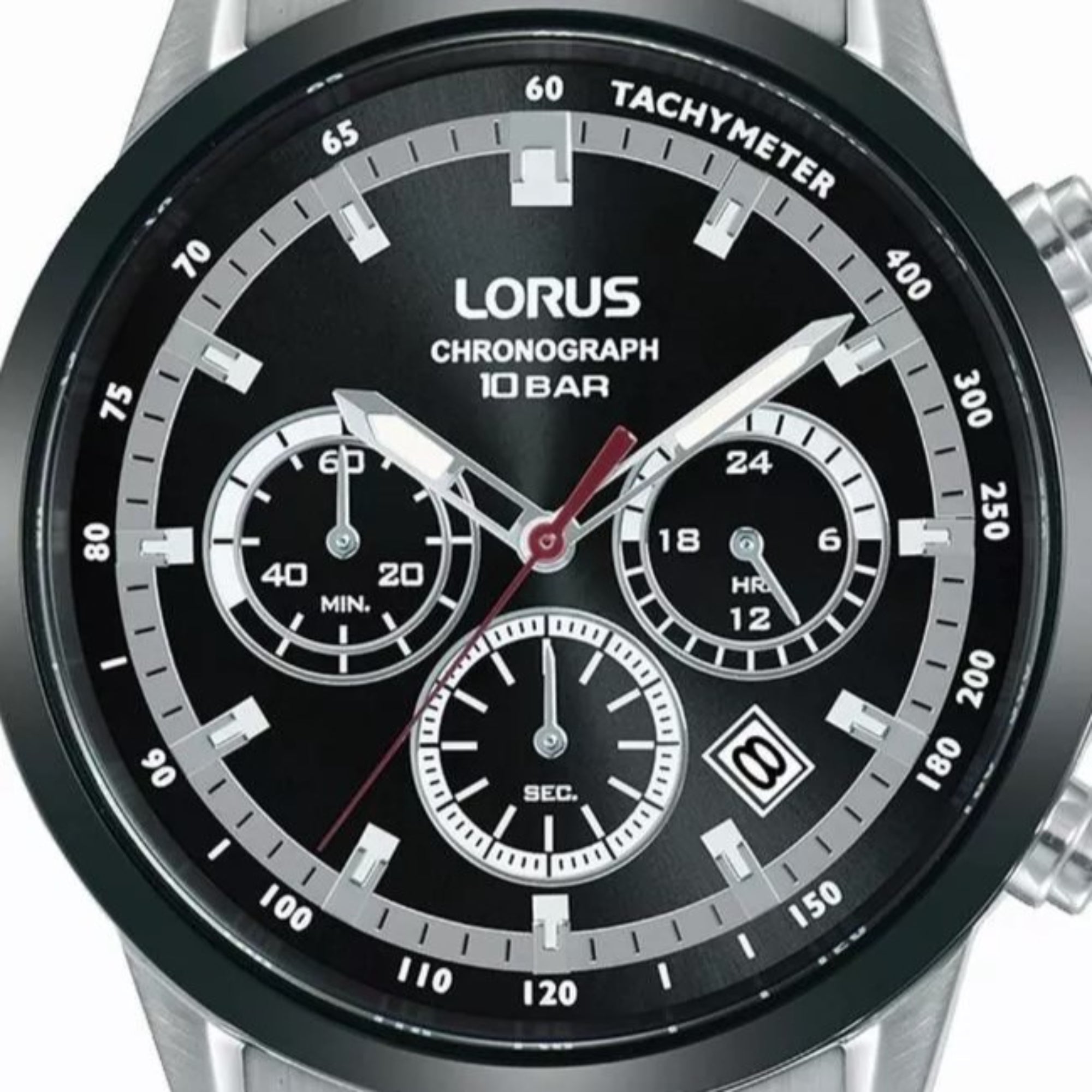 Lorus Sports Chronograph Quartz Black Dial Stainless Steel Bracelet Men's Watch RT397JX9