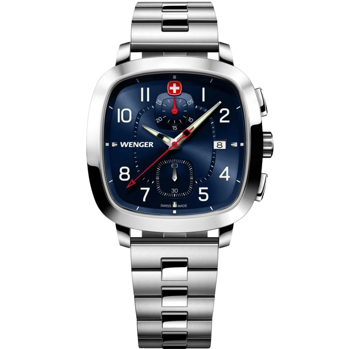 Wenger Vintage Sport 01.1933.111 front view of 39.5mm blue dial mens quartz watch with sub-dials and steel bracelet