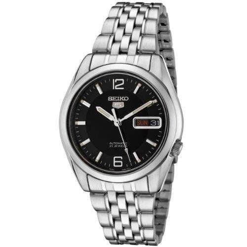 Seiko 1-5 Gent's Automatic Analogue Black Dial Steel Strap Men's Watch SNK393K
