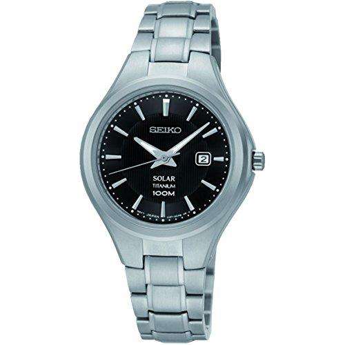 Seiko Unisex Quartz Watch with Black Dial Analogue Display and Silver Stainless Steel Bracelet SUT201P1