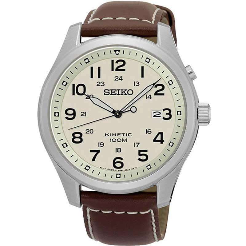 Seiko Kinetic Biege Dial Brown Leather Strap Men’s Watch SKA723P1 - WatchNation