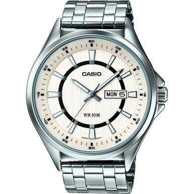 Casio Men's Quartz Watch with Silver Dial Analogue - Digital Display and White Metal Strap MTPE108D-7AVEF