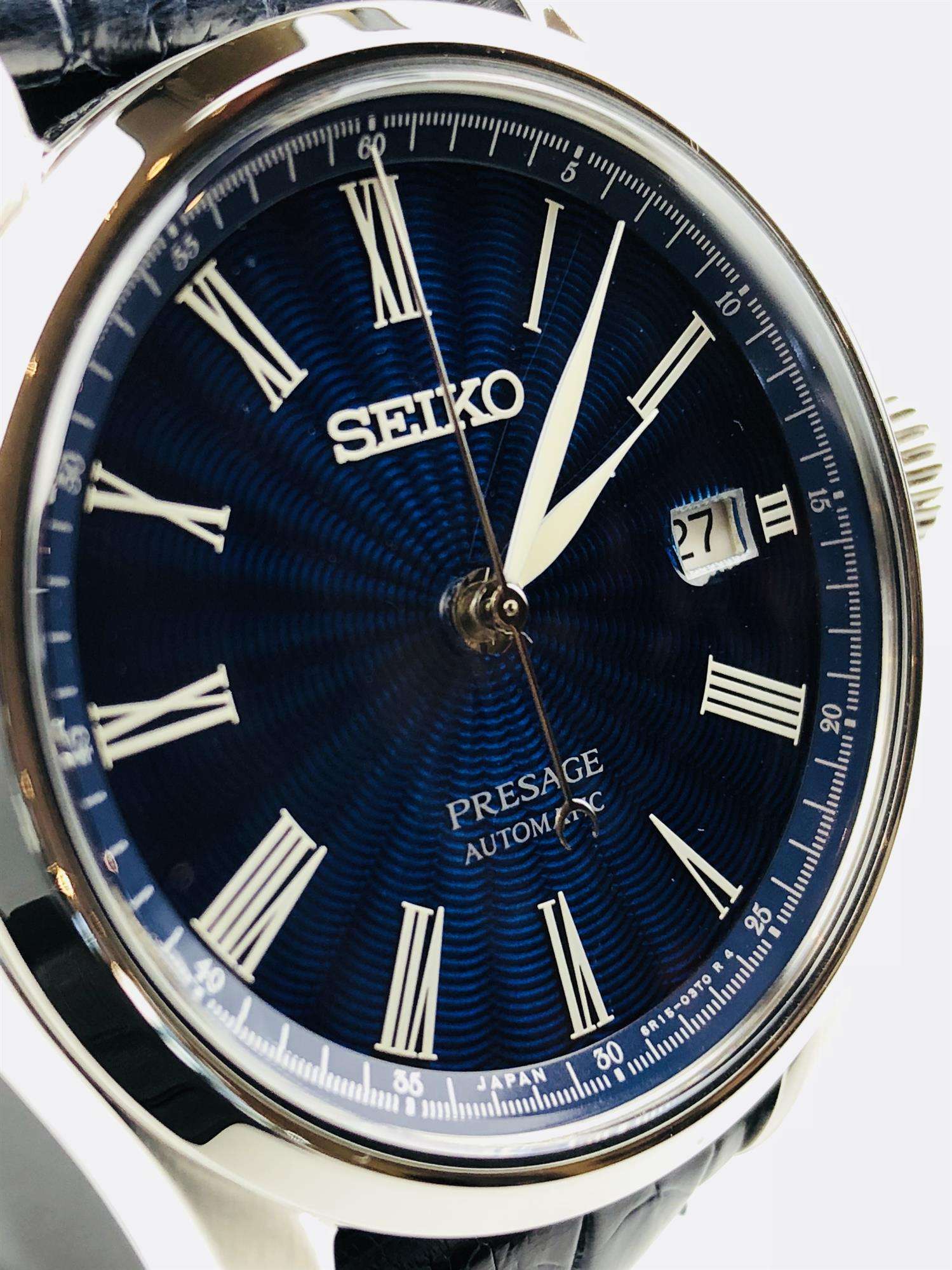 Seiko Presage The Shippo Enamel Silver Steel Case Blue Crocodile Leather Strap Limited Edition Automatic Blue Dial Men’s Watch SPB075J1