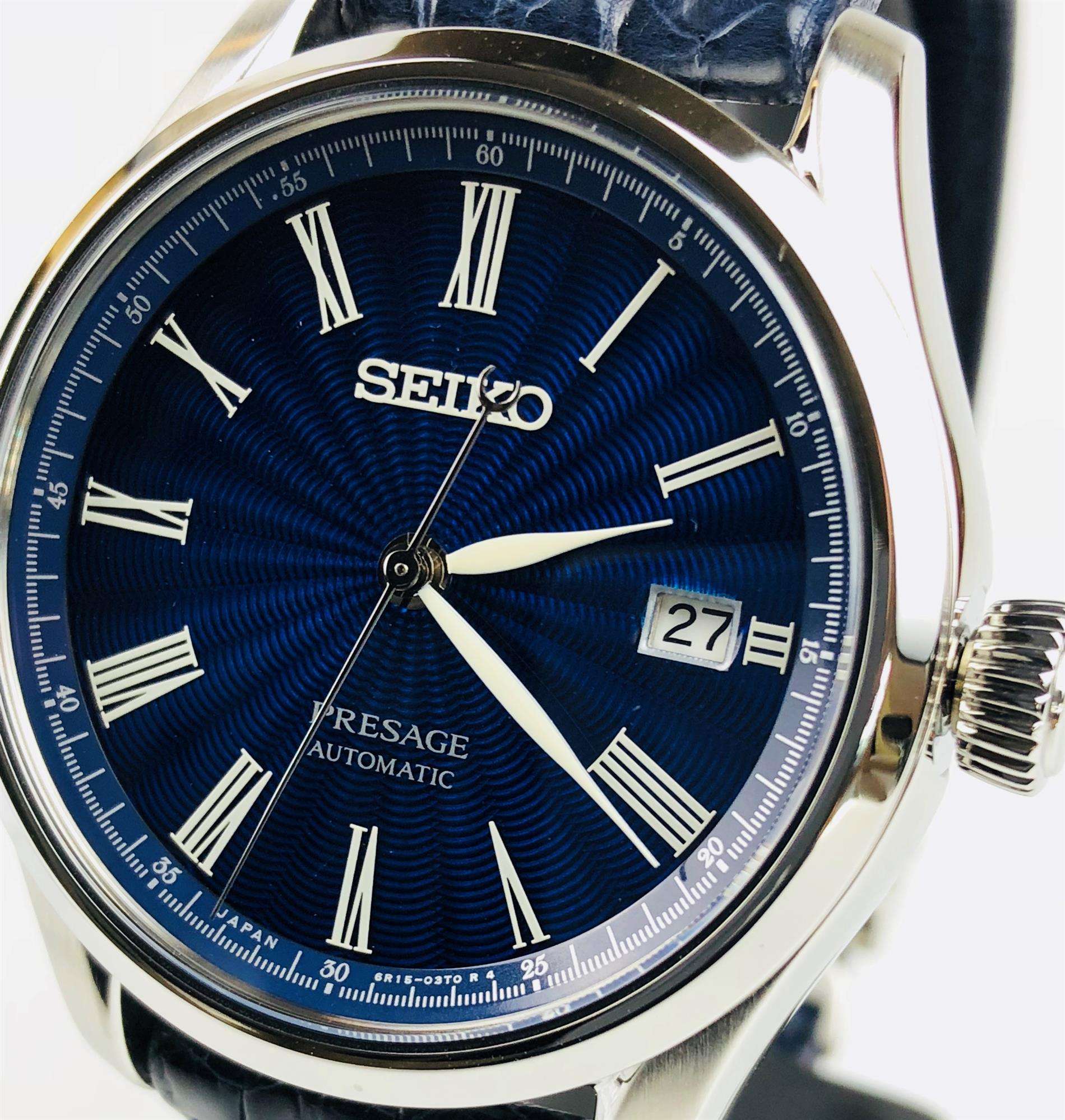 Seiko Presage The Shippo Enamel Silver Steel Case Blue Crocodile Leather Strap Limited Edition Automatic Blue Dial Men’s Watch SPB075J1