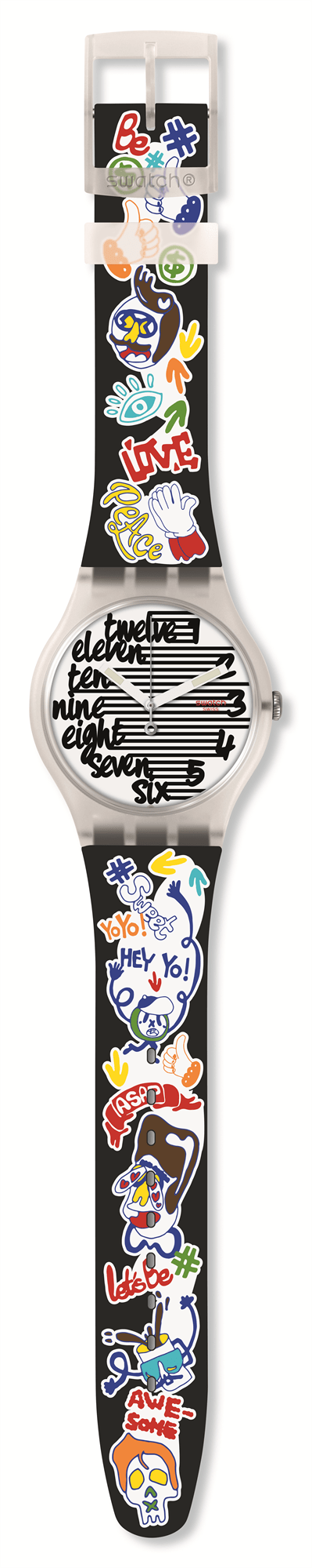 Swatch Streety White Plastic Case Black Silicone Strap White Dial Watch SUOW157